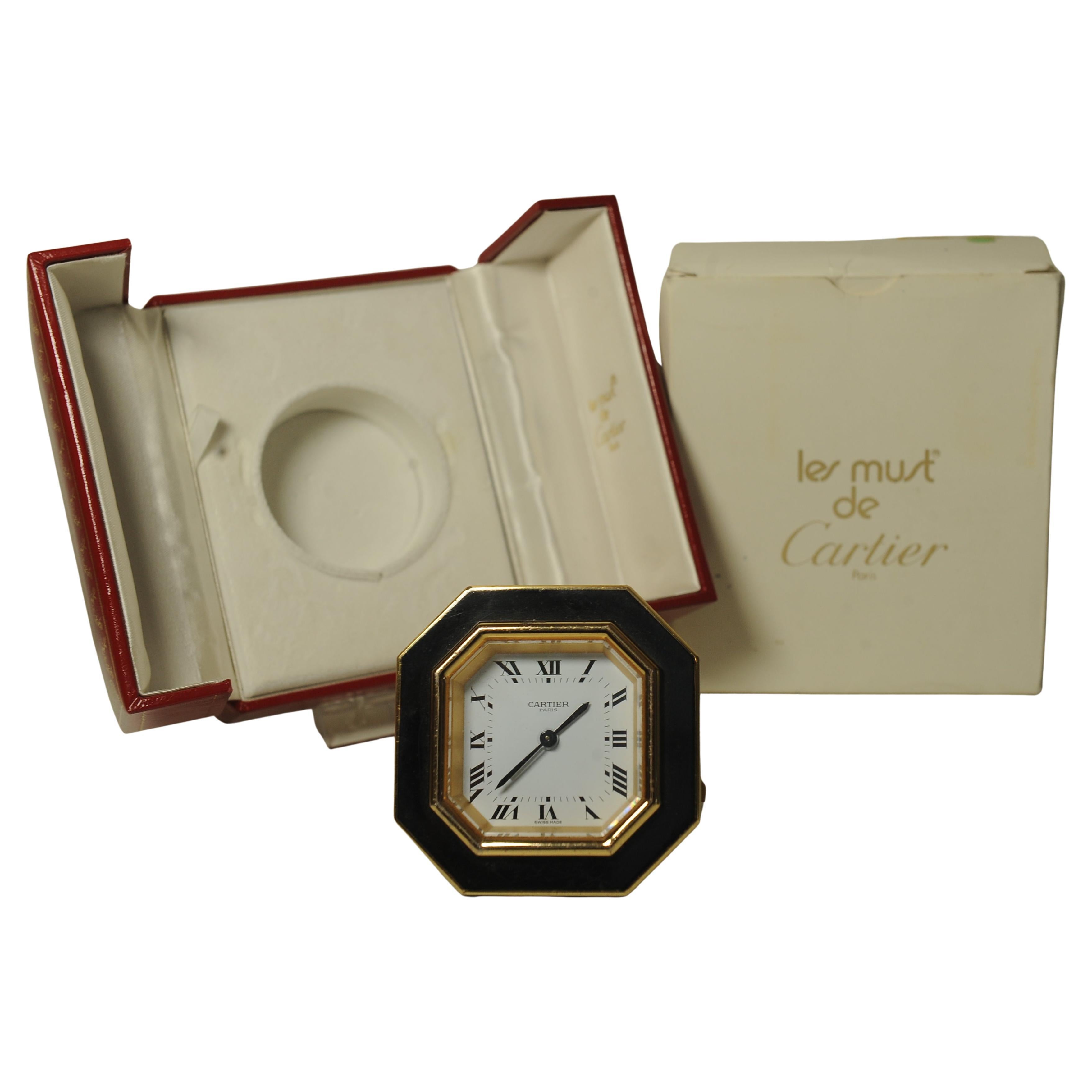 French Cartier Octagonal Mechanical 8-Day Movement Desk Clock Gilt Metal Black Enamel