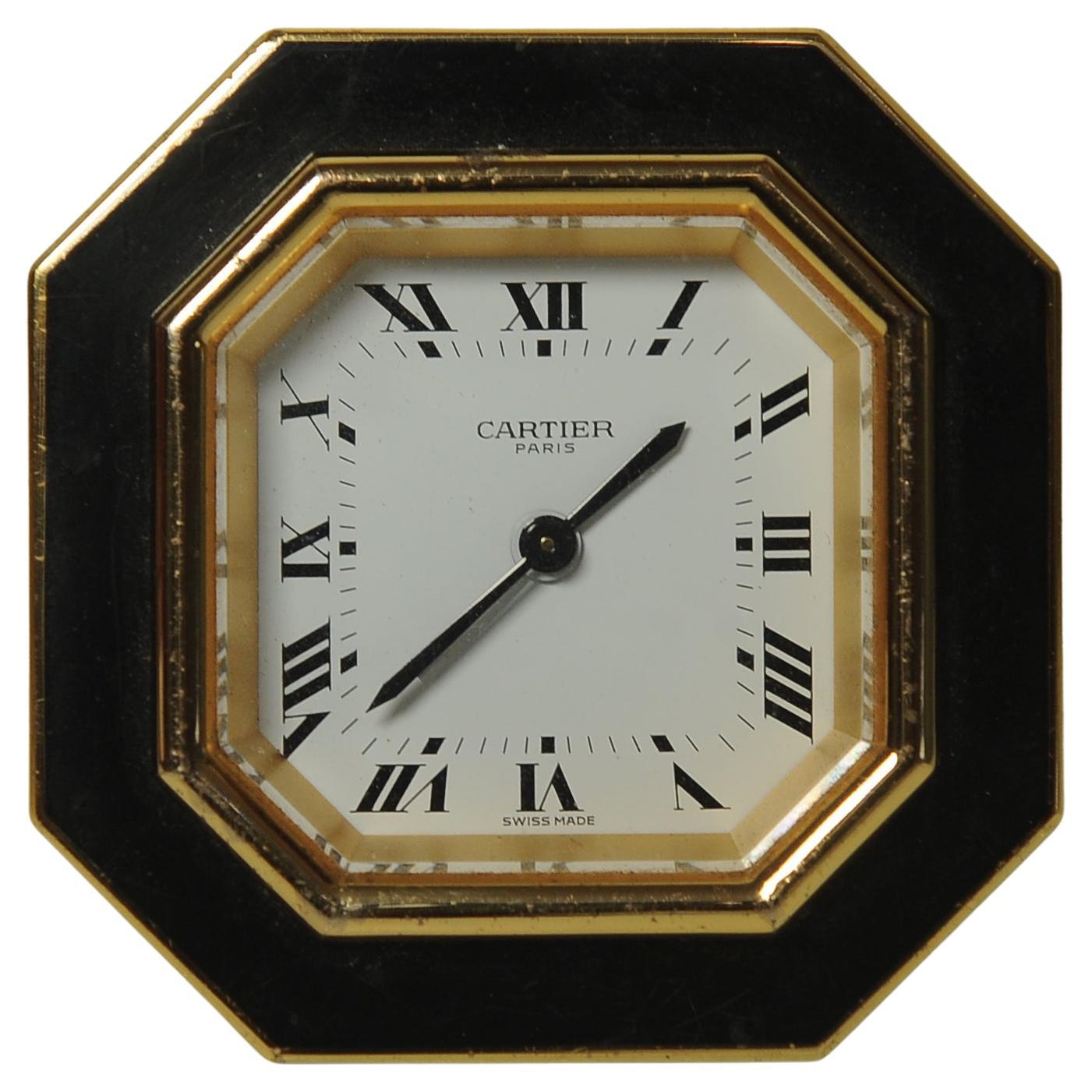 Enameled Cartier Octagonal Mechanical 8-Day Movement Desk Clock Gilt Metal Black Enamel