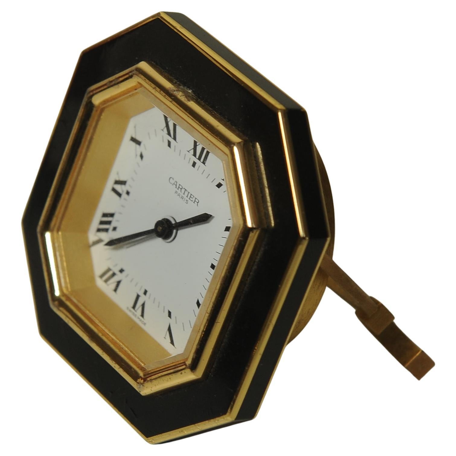 Cartier Octagonal Mechanical 8-Day Movement Desk Clock Gilt Metal Black Enamel In Good Condition In Reading, Berkshire