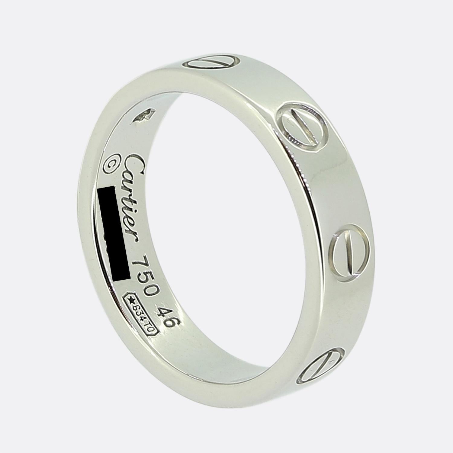 Here we have an 18ct white gold ring from the world the renowned luxury jewellery house of Cartier. This ring forms part of their LOVE collection and showcases a single round brilliant cut diamonds alongside the iconic screw motif. This ring is the
