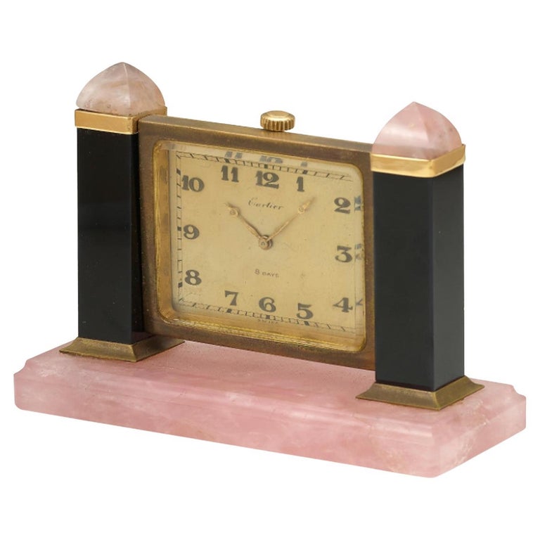 Cartier Onyx and Rose Quartz Desk Clock For Sale at 1stDibs