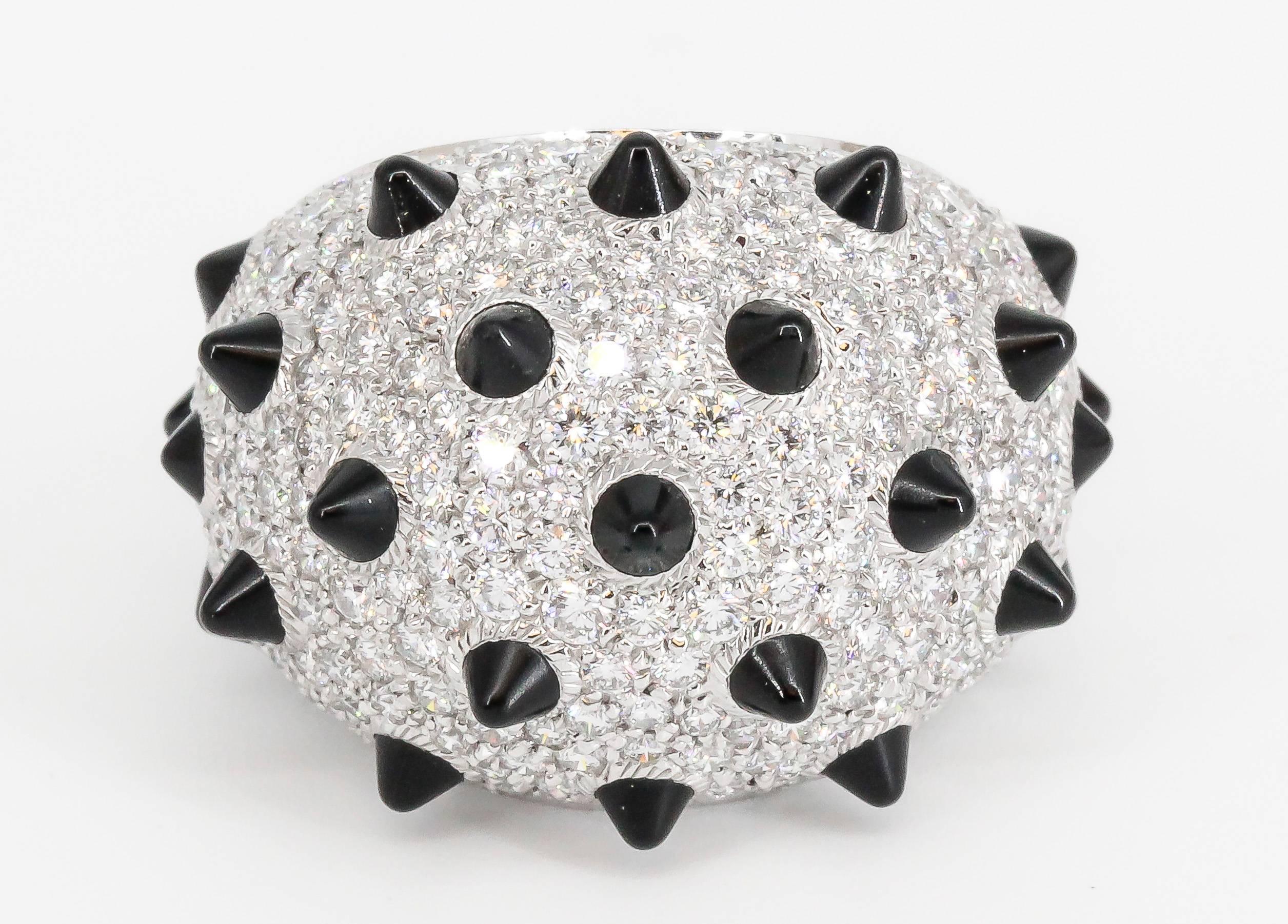 Round Cut Cartier Onyx Diamond and White Gold Dome Ring