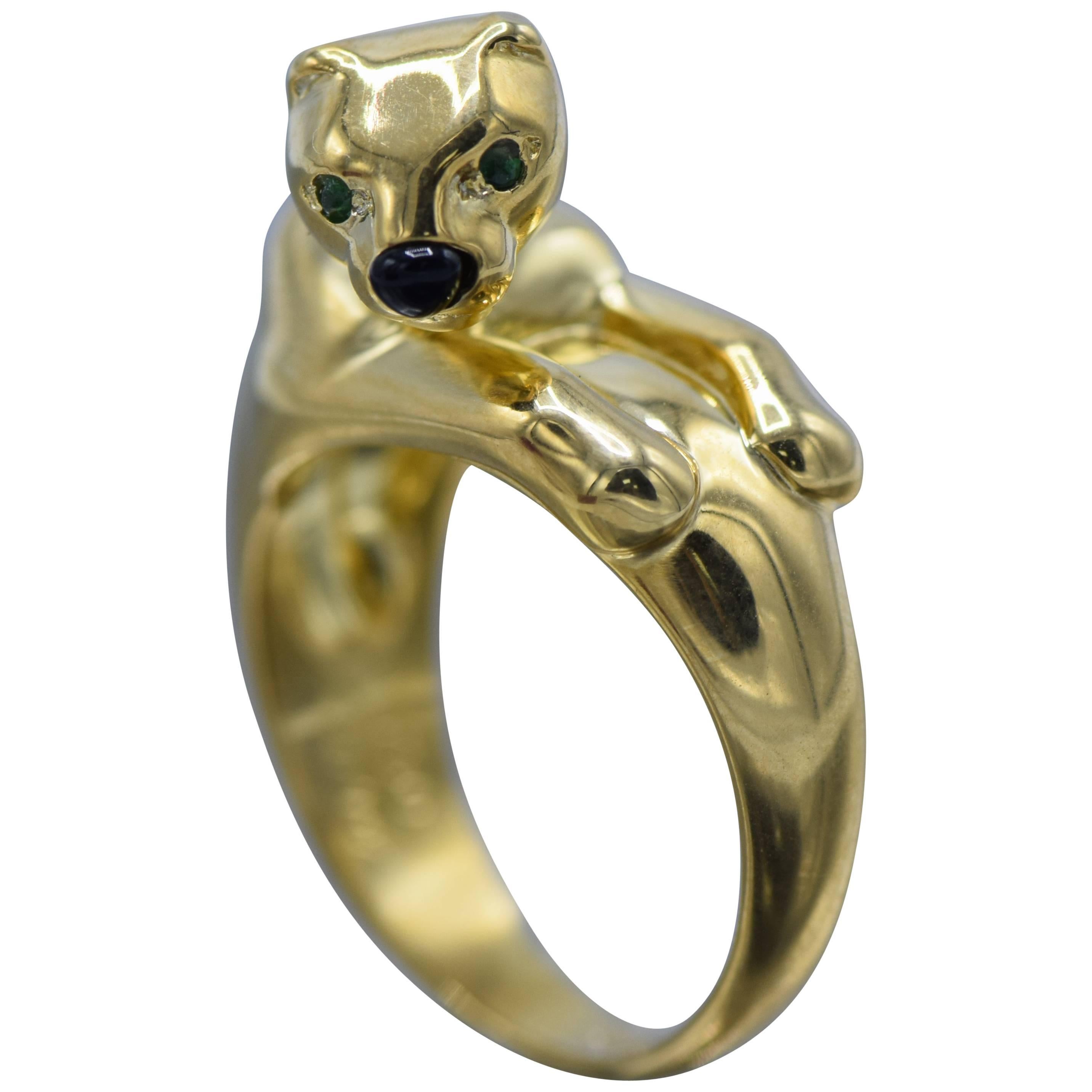 Cartier, Onyx, Emerald Ice Panther 18 Karat Gold Ring