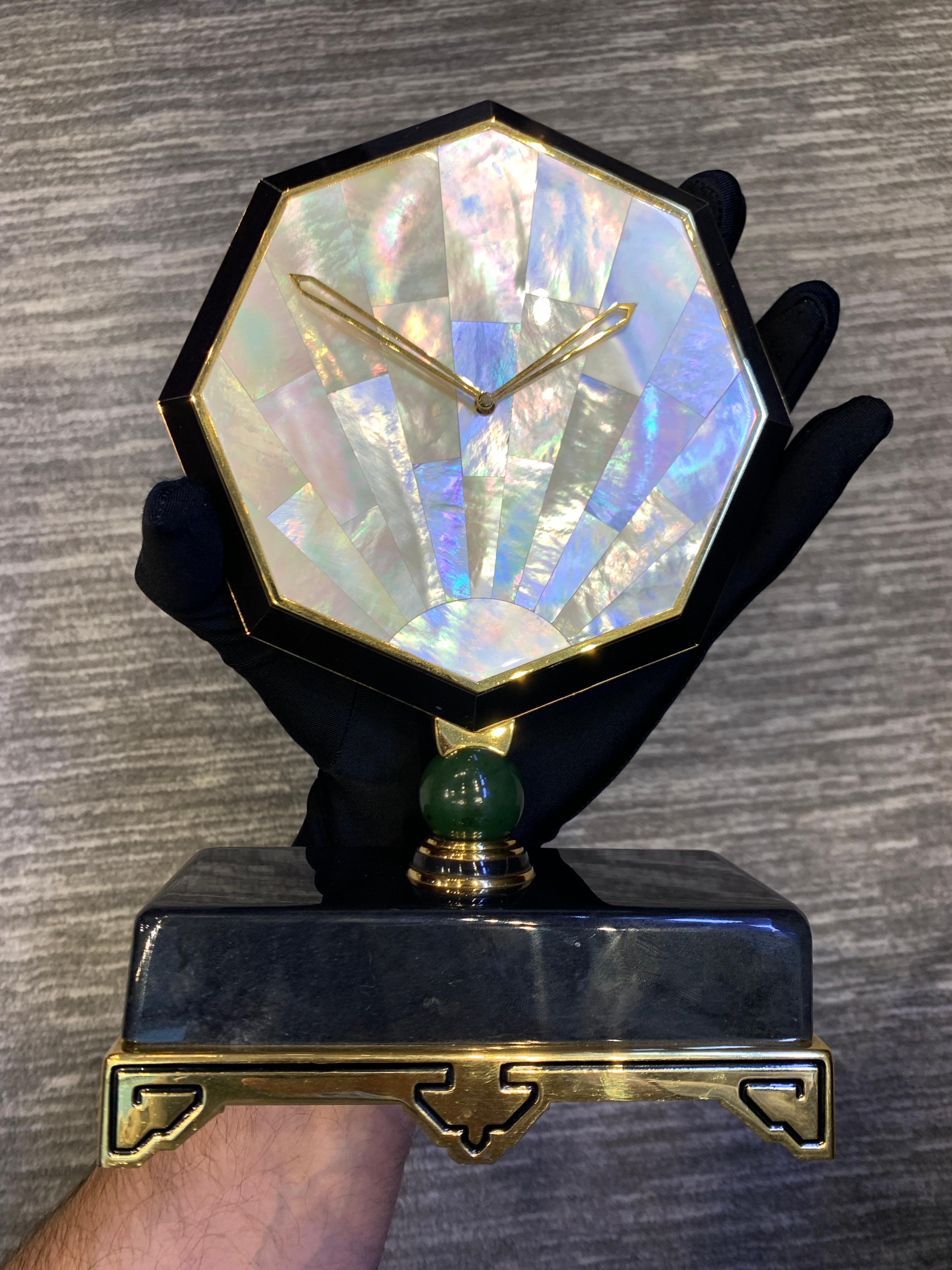 Uncut Cartier Onyx & Mother of Pearl Desk Clock For Sale