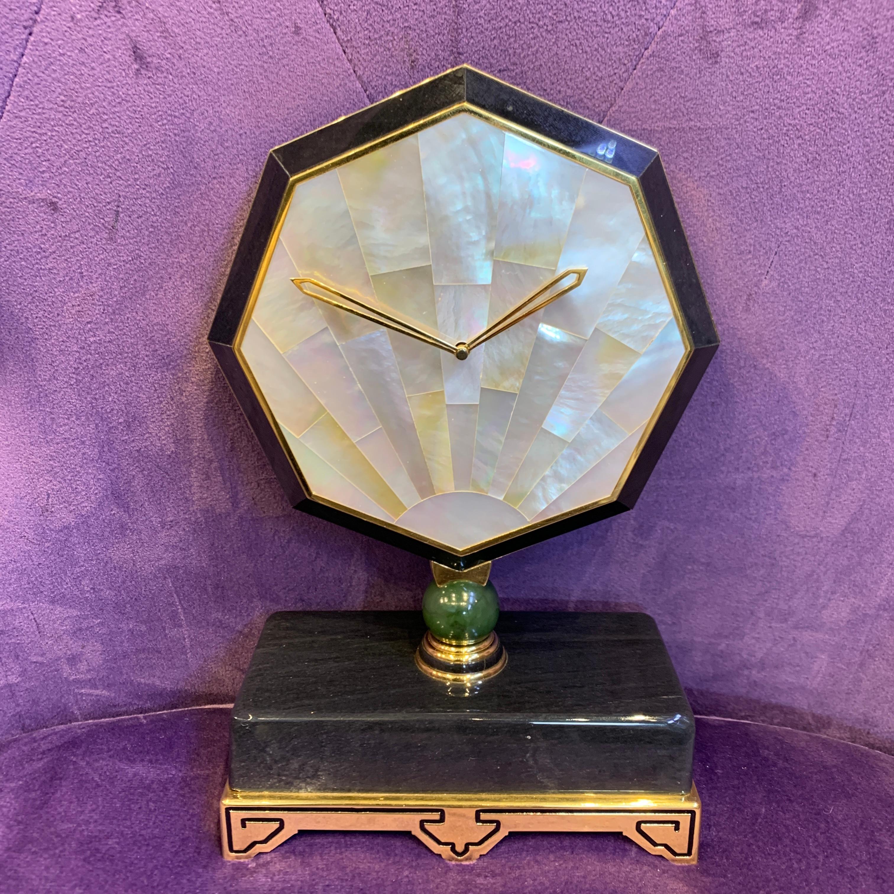 Women's or Men's Cartier Onyx & Mother of Pearl Desk Clock For Sale