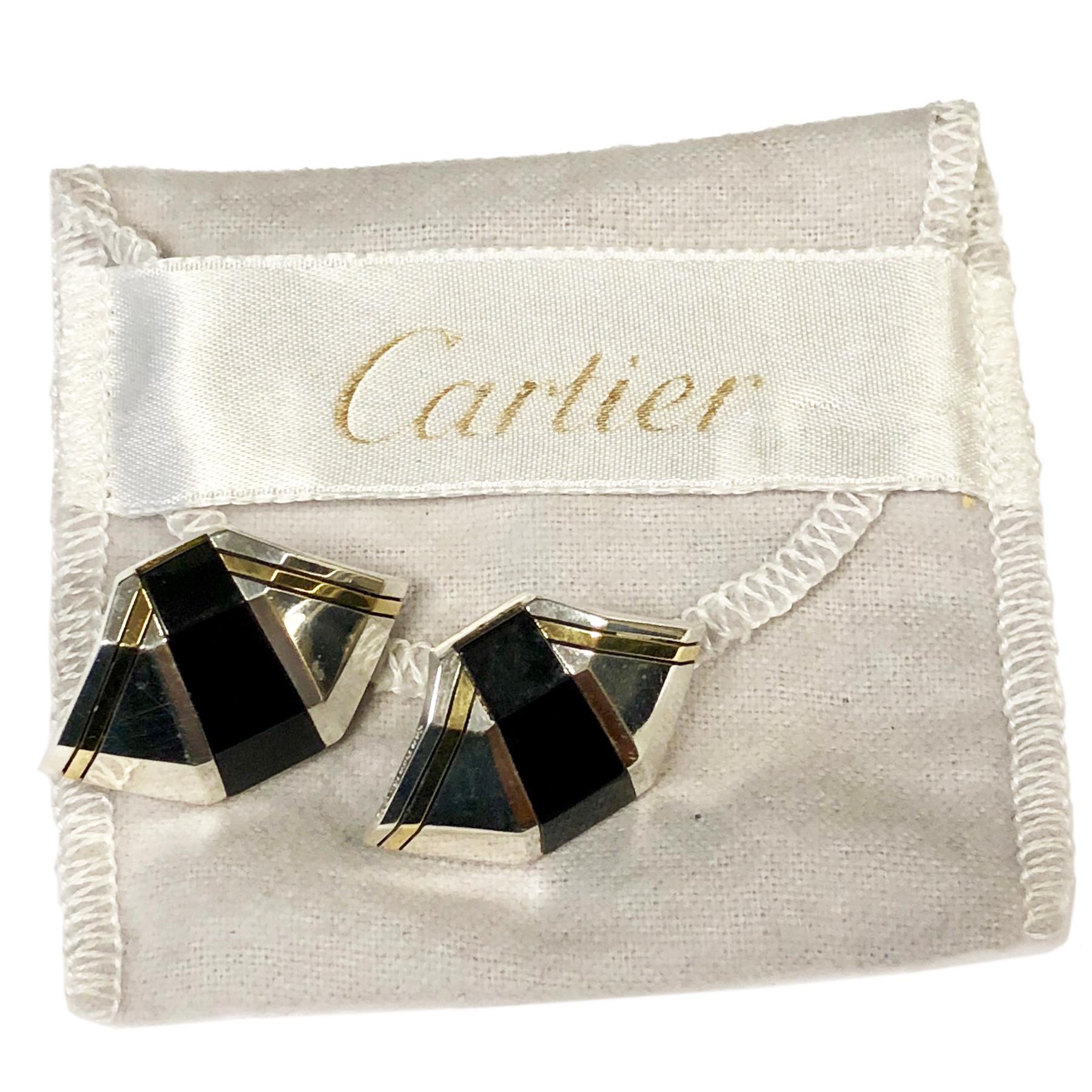 Art Deco Cartier Onyx Silver Gold Earrings