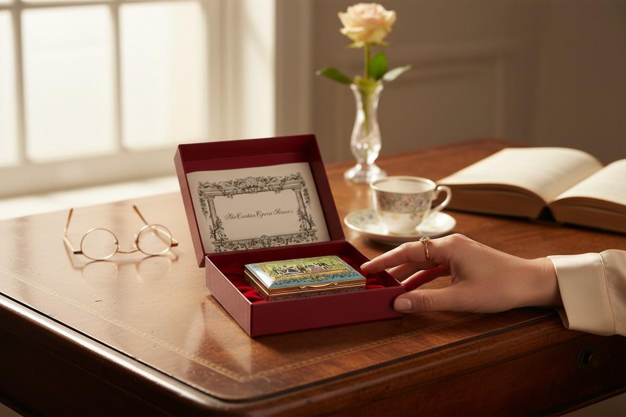 Limited Edition No. 55 of 250  Made in England  Original Cartier Case

A rare and distinguished collectible from Cartier’s prestigious Opera Collection, this finely crafted enamel box honors Giuseppe Verdi’s La Traviata, first performed at Teatro La