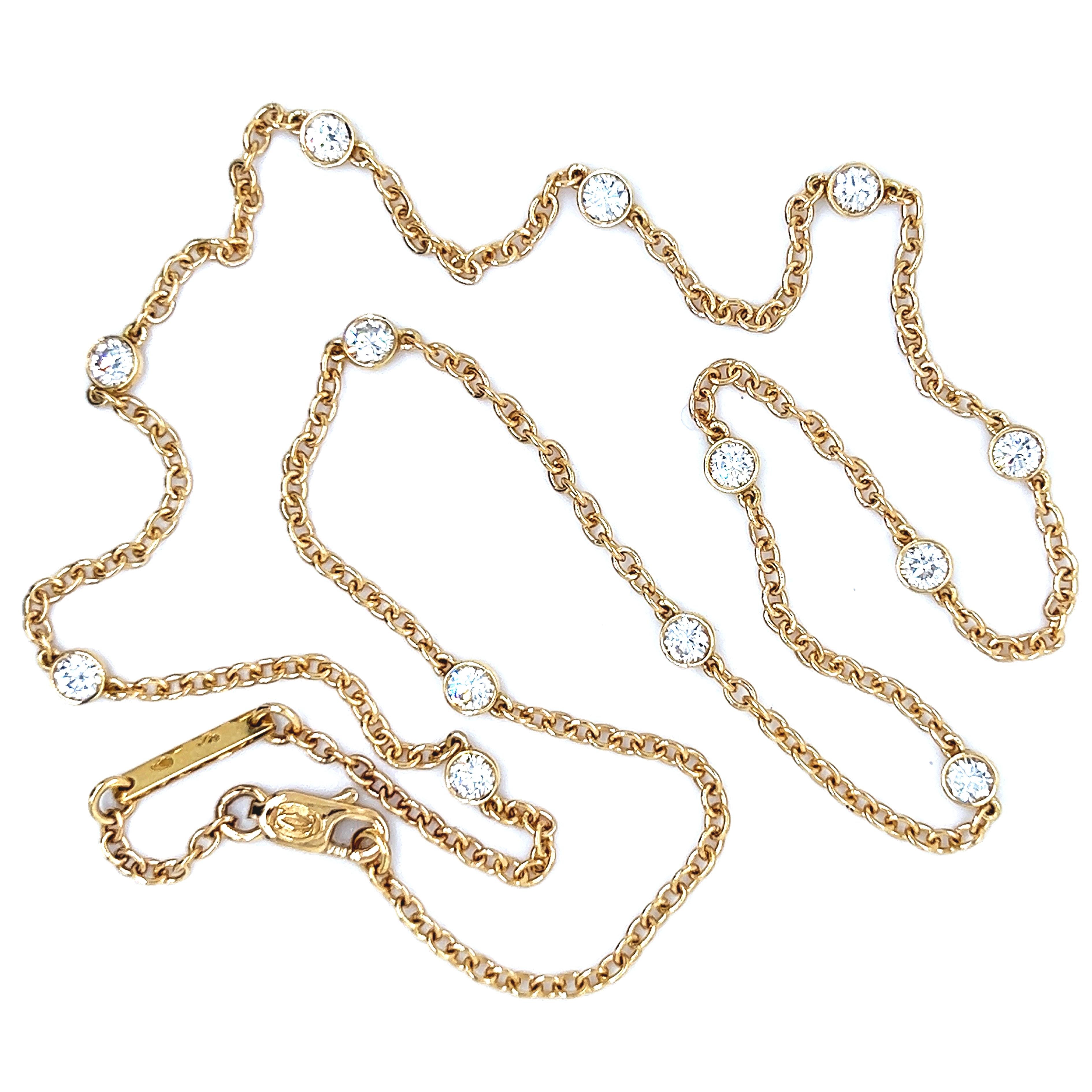Original 1985, extrem selten Cartier Diamanten von der Yard 18Kt Gelbgold 17,716 Zoll (45cm) Halskette: Cartier entwickelt die Idee, außergewöhnliche Diamanten in einem minimalistischen Design einzusetzen.
Eine schlichte, allzeit tragbare gelbe