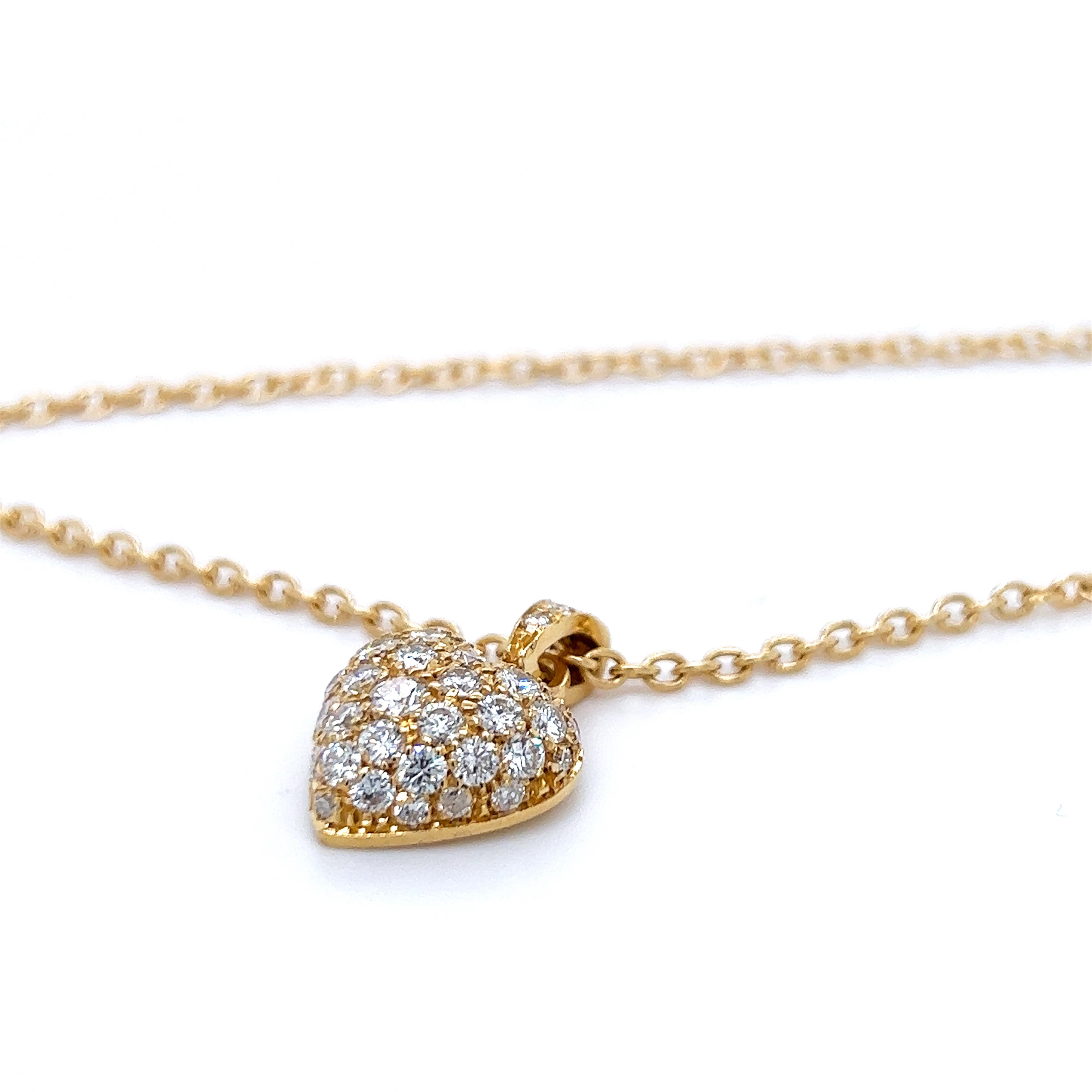 Original 1990, Cartier White Diamond 18Kt Yellow Gold Heart Pendant and Necklace  18.50inches(47cm).
A very precious, iconic Cartier top quality 1.54KT white diamond heart in a simple, all time wearable 18kt yellow gold chain (with double security