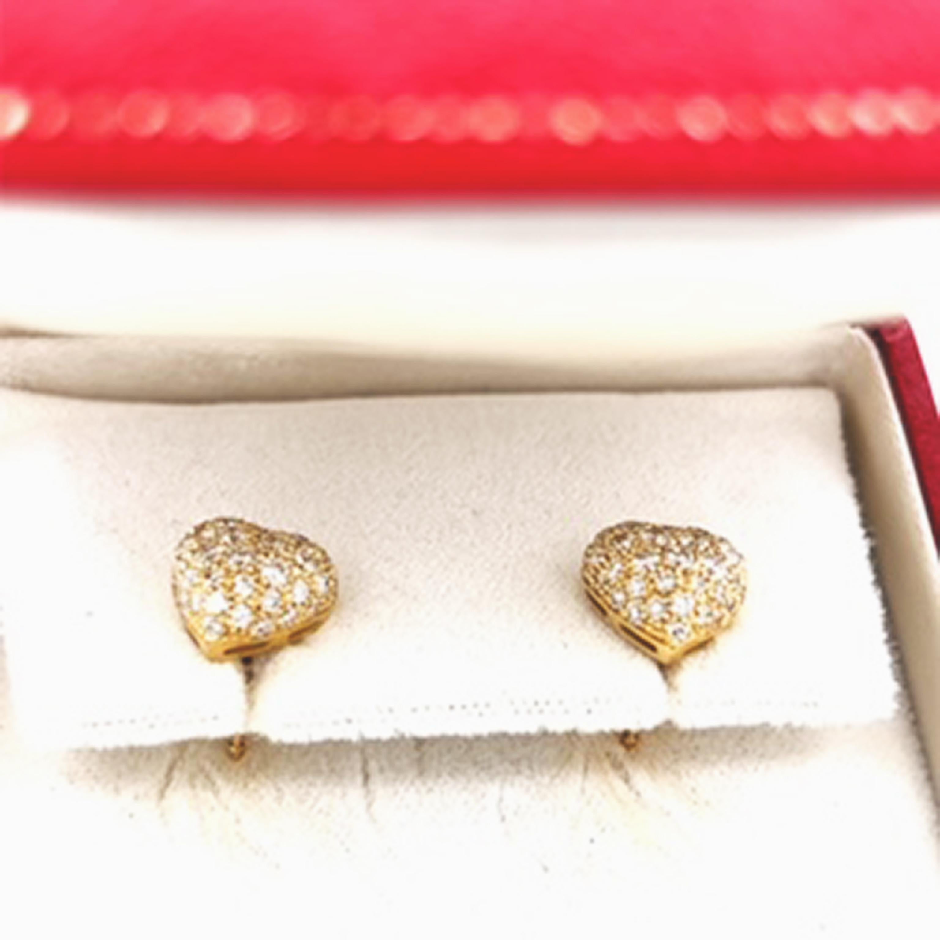 Brilliant Cut Cartier Original 1990 White Diamond 18 Karat Yellow Gold Heart Shaped Earrings