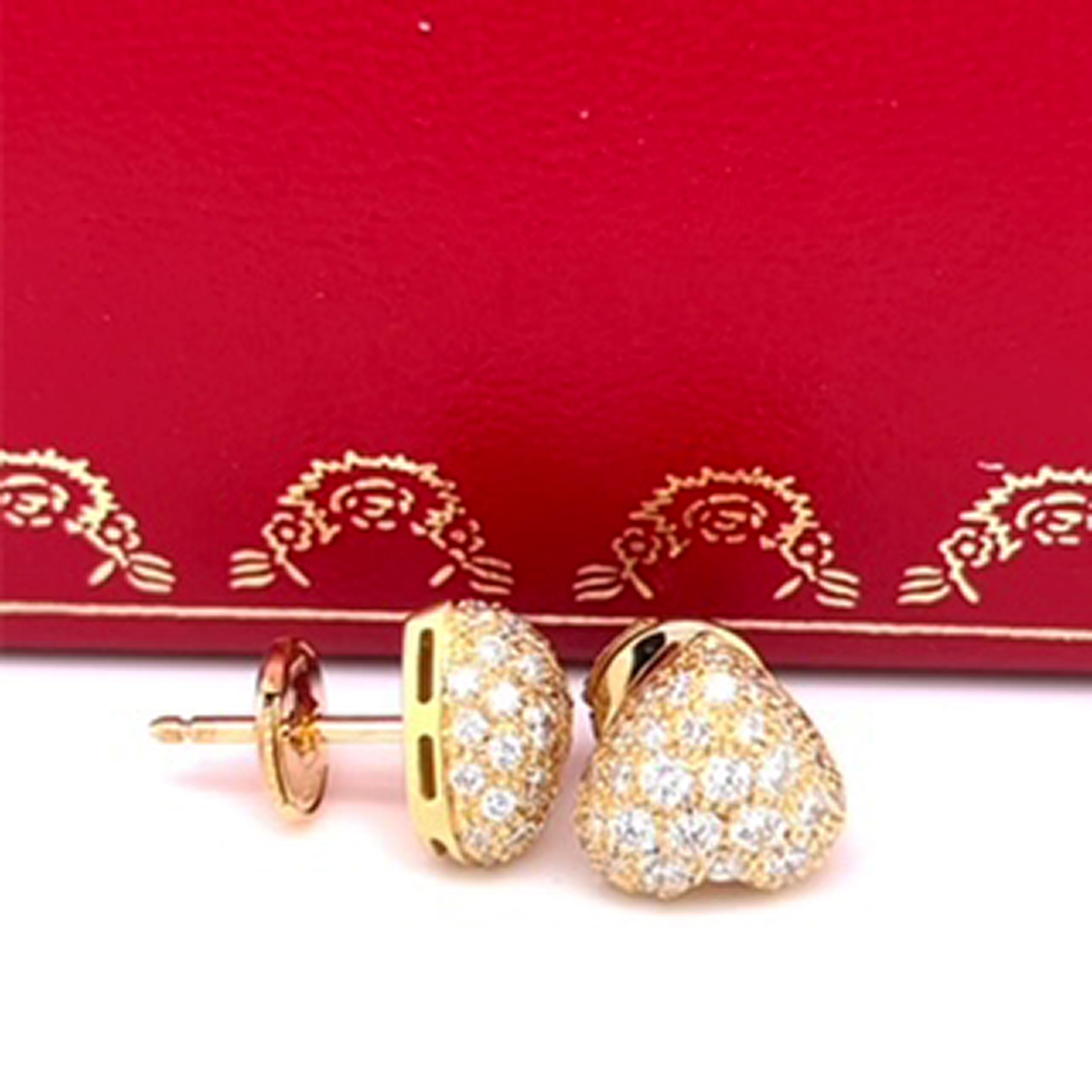 Cartier Original 1990 White Diamond 18 Karat Yellow Gold Heart Shaped Earrings In Excellent Condition In Valenza, IT