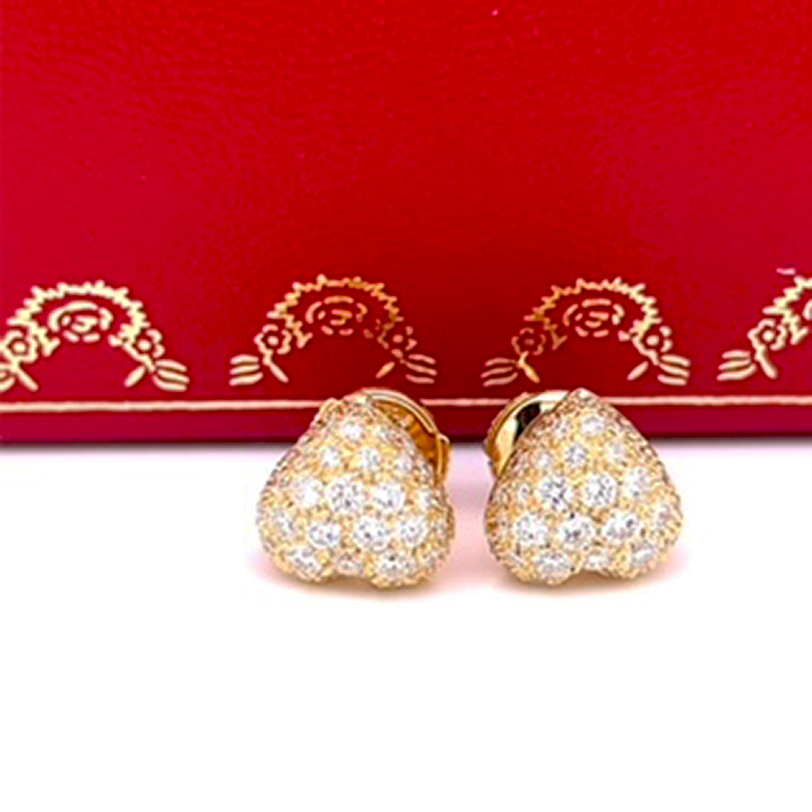 Women's Cartier Original 1990 White Diamond 18 Karat Yellow Gold Heart Shaped Earrings