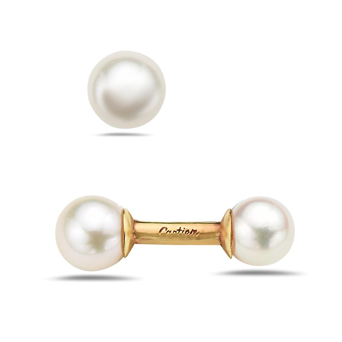 Cartier Original Cultured Pearl and 18 Karat Yellow Gold Cufflinks In Good Condition In New York, NY