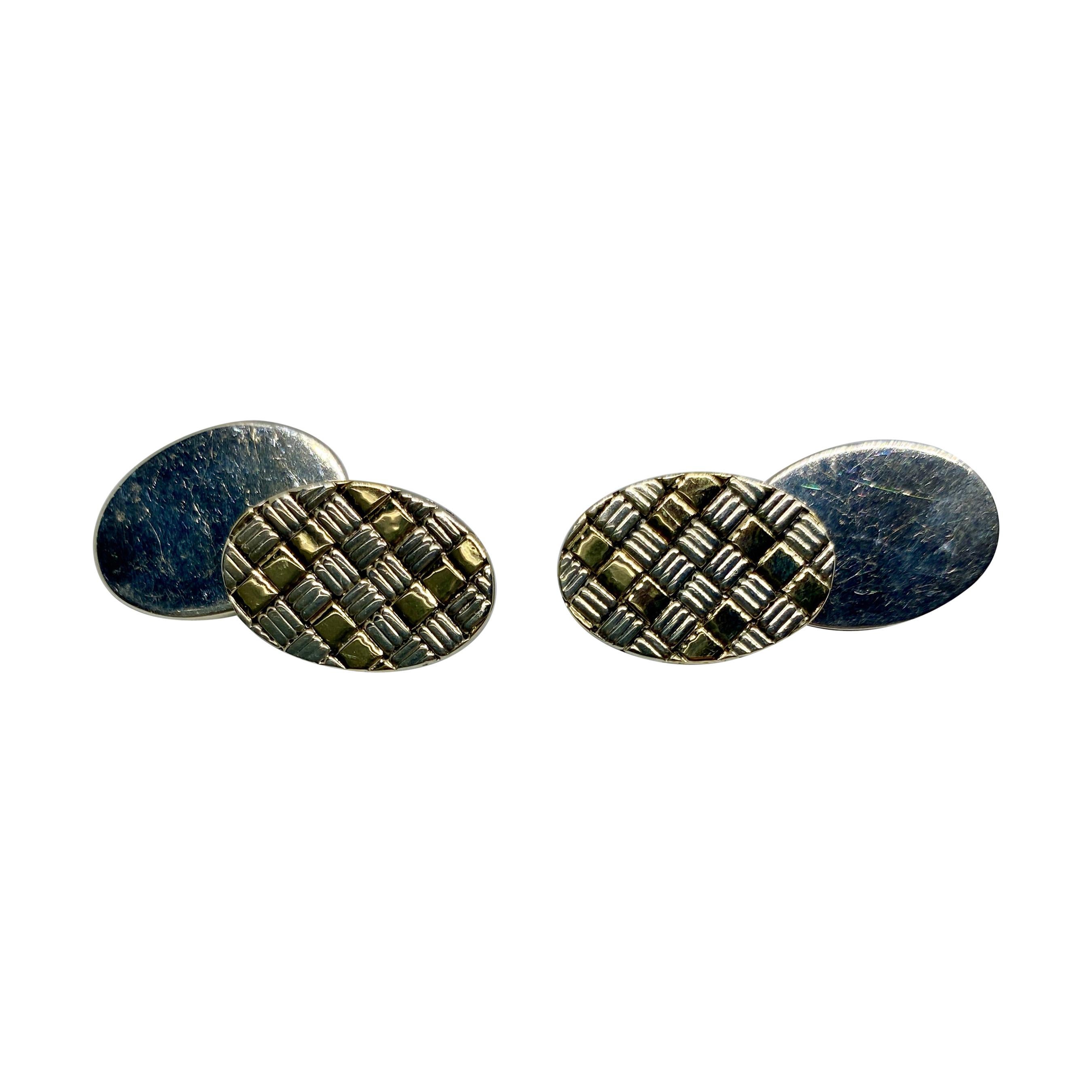 Cartier Oval Cufflinks with Checkerboard Design in 18k Gold and Sterling