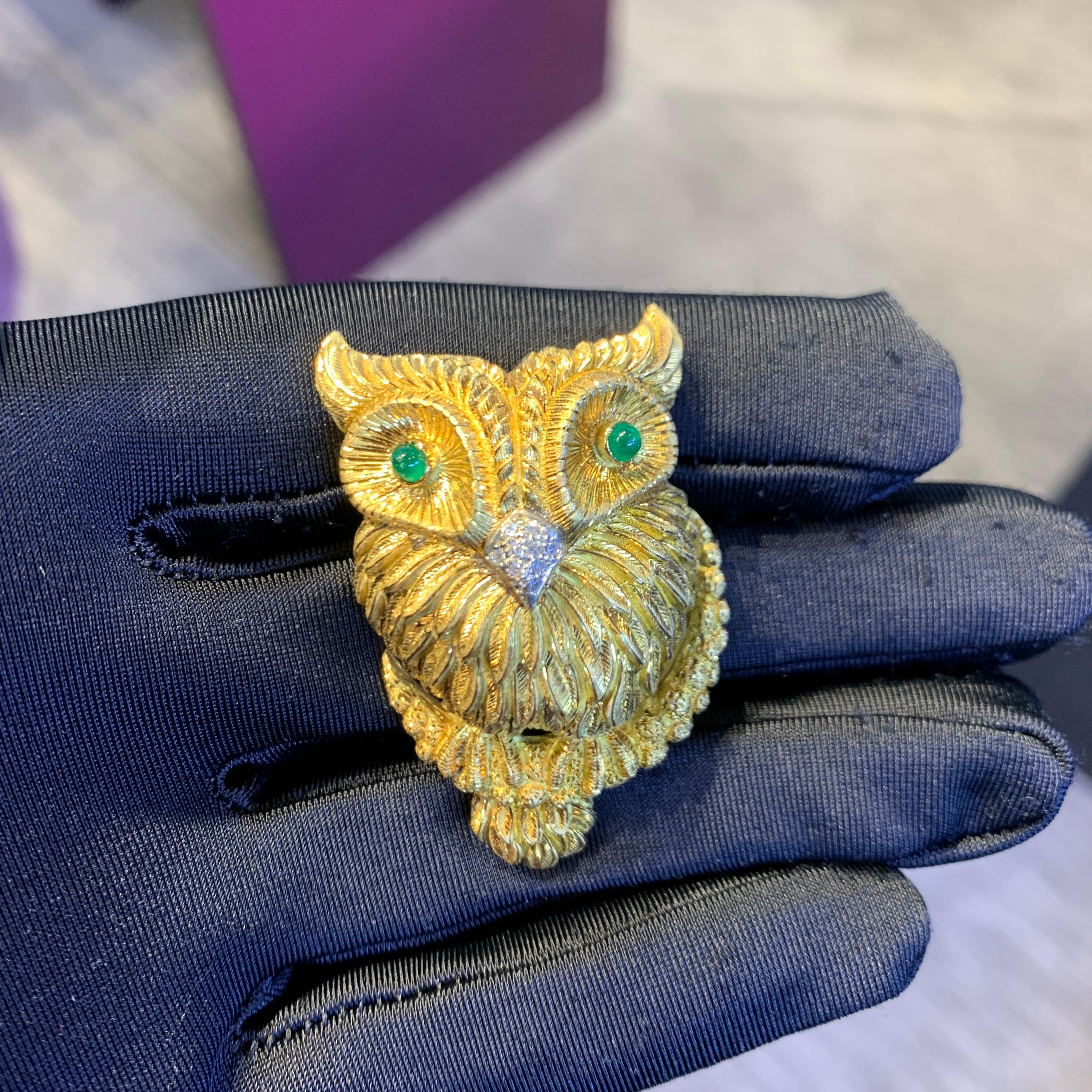 Cartier Owl Brooch

An 18 karat yellow gold brooch with an owl motif set with 2 cabochon emeralds for eyes and 10 round cut diamonds for its beak

Signed Cartier Italy and numbered

Measurments: 1.88