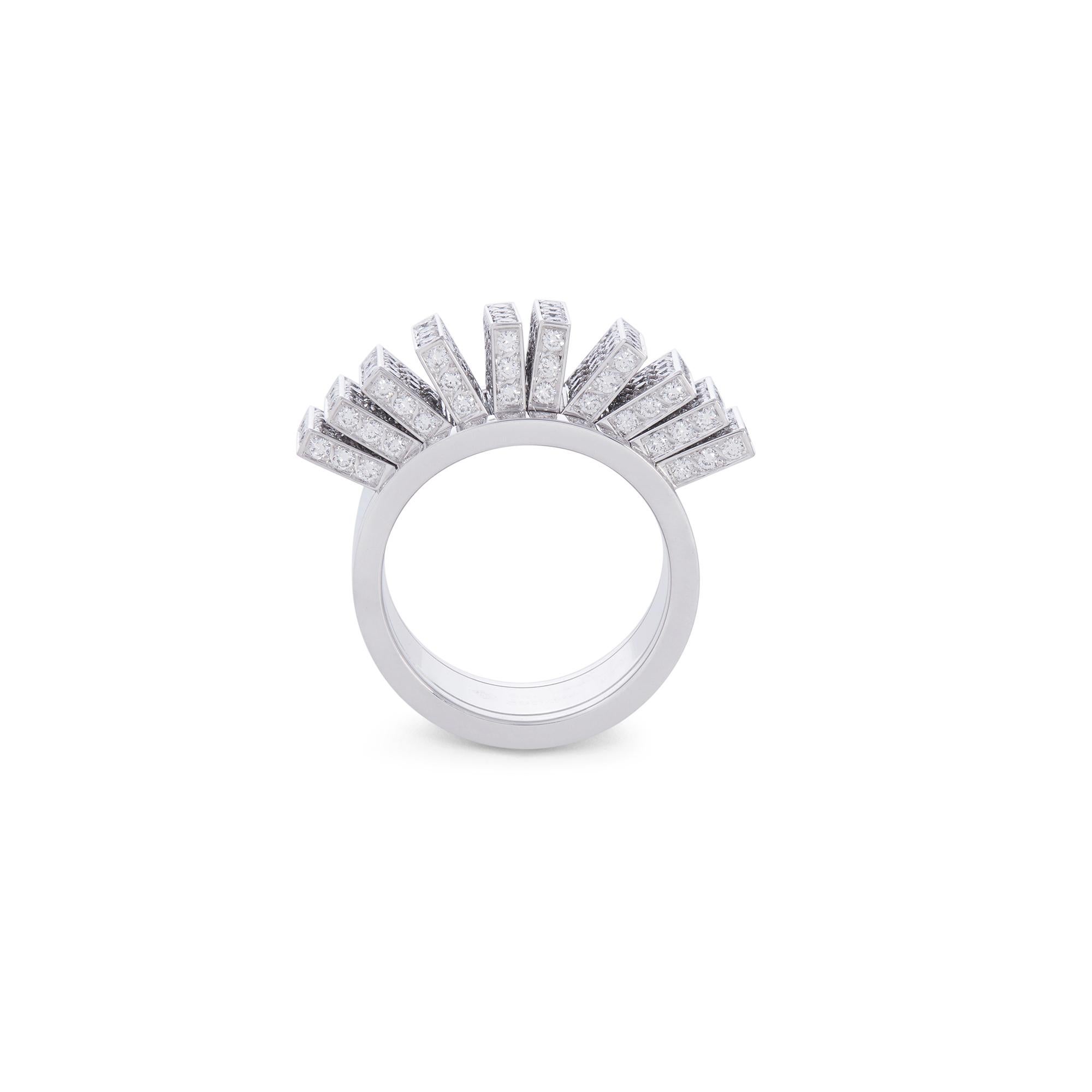 Authentic Cartier Paillettes ring crafted in 18k white gold.  Featuring moveable fan-like sections that are encrusted with diamonds of approximately 3.40 carats total weight.  The band measures 10.7 mm wide.  Size 55, US 7 1/4.  Signed Cartier, 55,