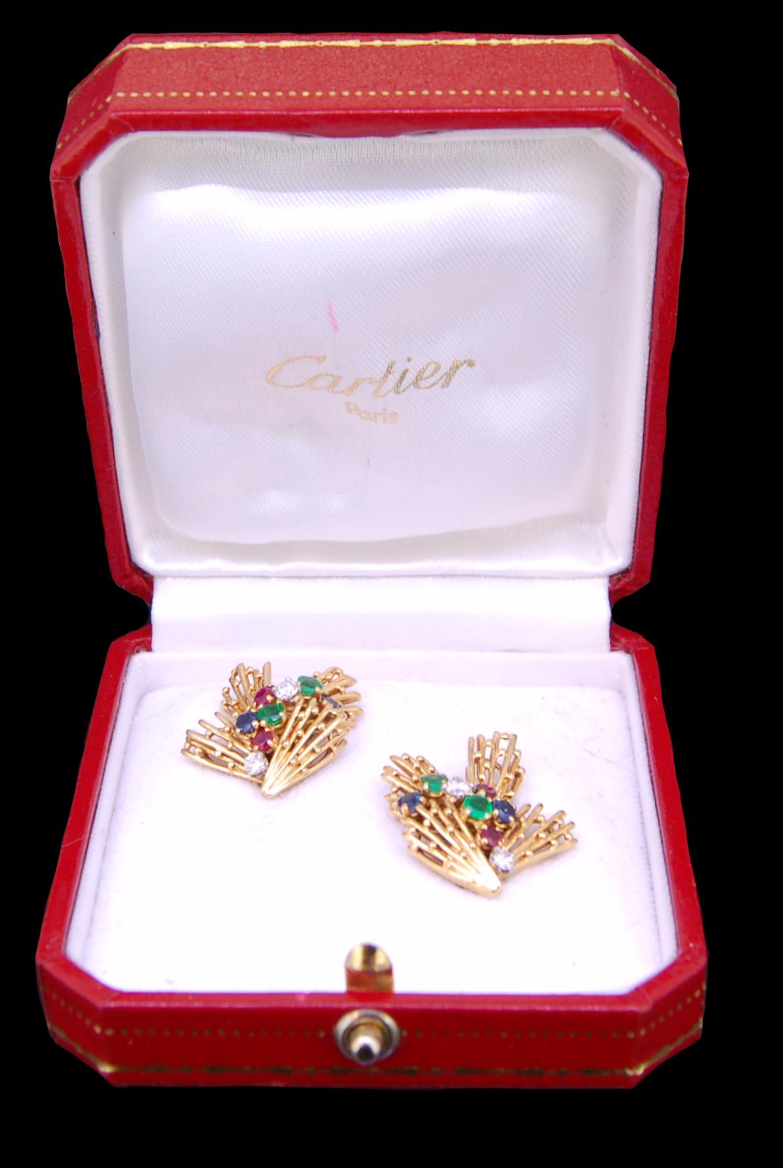 Round Cut Cartier, Pair of 18 Carat Yellow Gold, Tutti Fruti Openwork Earrings For Sale