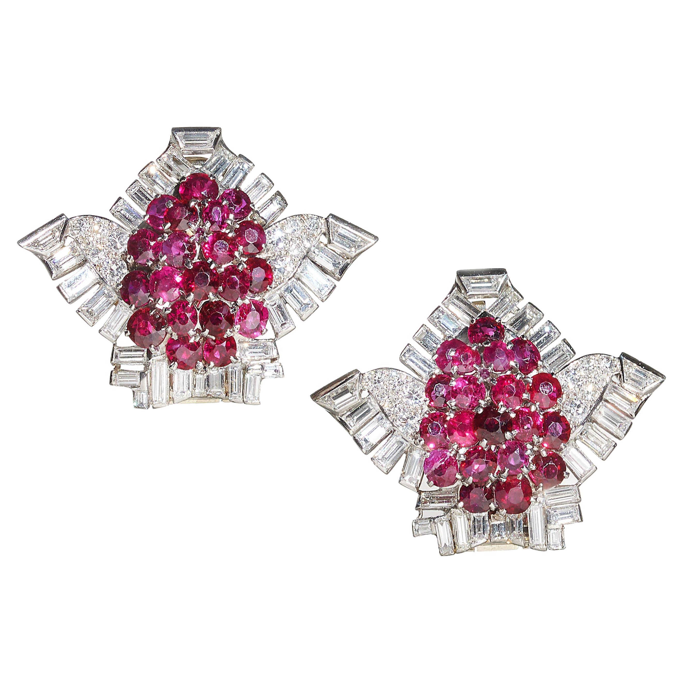 Cartier Pair of Art Deco Ruby, Diamond and Platinum Clips, Circa 1937