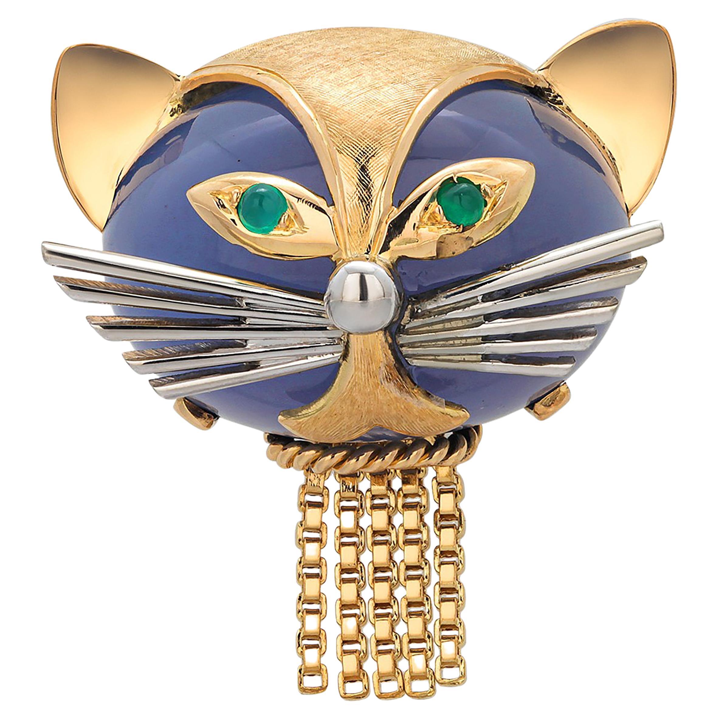 Cartier Paisley Moonstone Emerald 18 Karat Yellow Gold Cat Brooch 1.25 Inch Wide For Sale