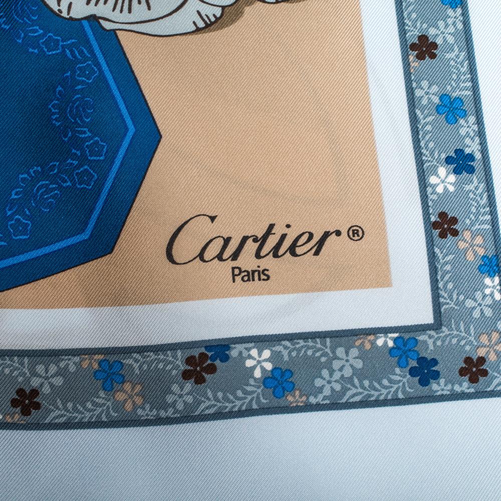 Cartier Pale Blue Printed Silk Square Scarf In Excellent Condition In Dubai, Al Qouz 2
