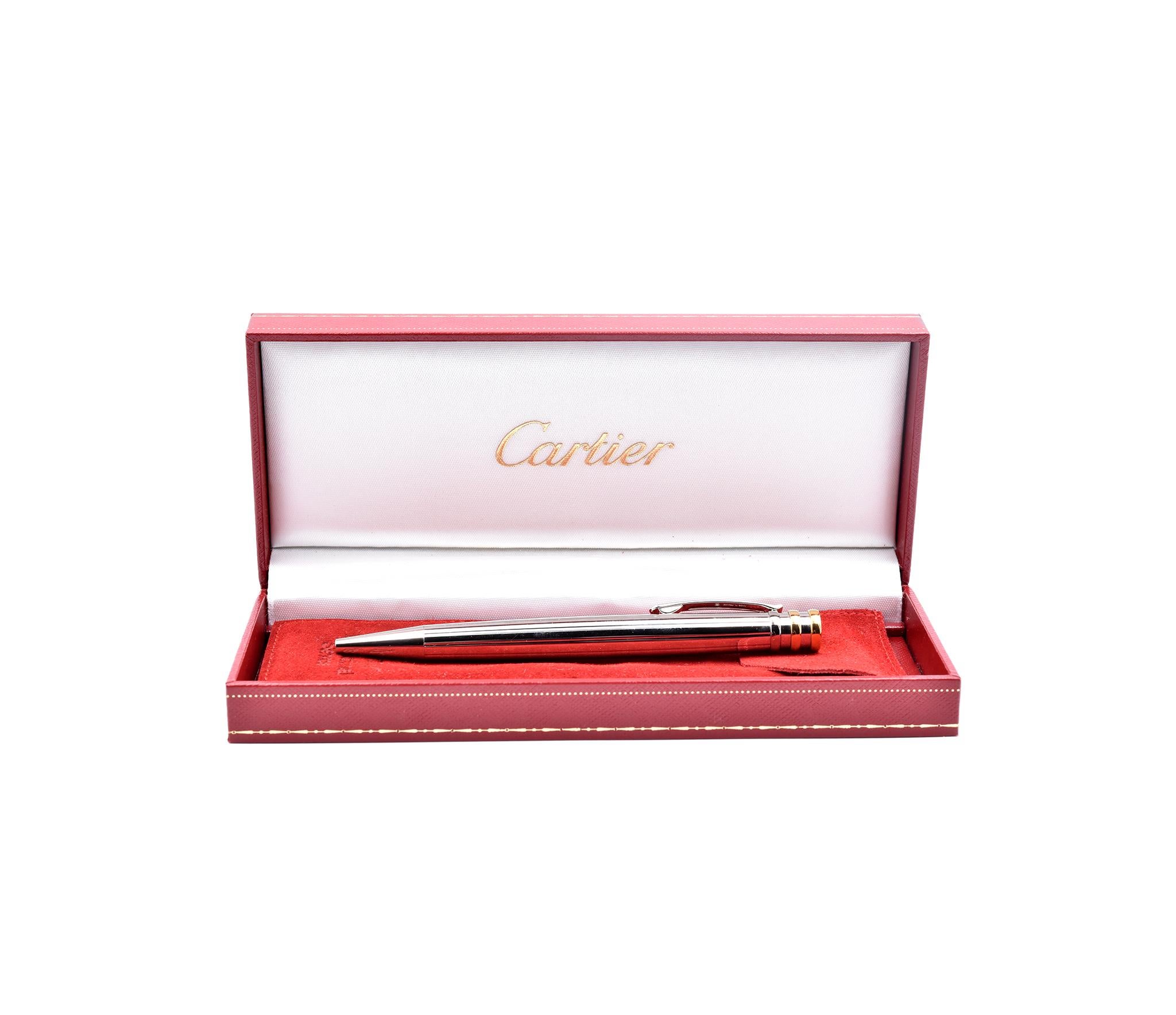 Women's or Men's Cartier Palladium and Gold tone Ballpoint Ink Pen For Sale