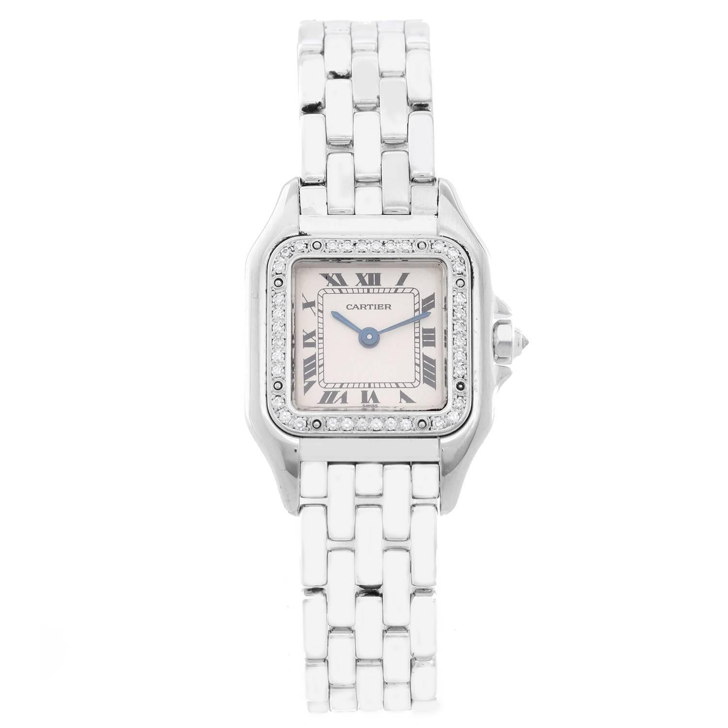 Cartier Panther 18K White Gold with Diamond Bezel WF3091F3 -  Quartz. 18K White Gold ( 22 mm x 22 mm ) with diamond bezel. Ivory dial with blue hands; Roman numerals. 18K White Gold bracelet. Pre-owned with Cartier box and books.