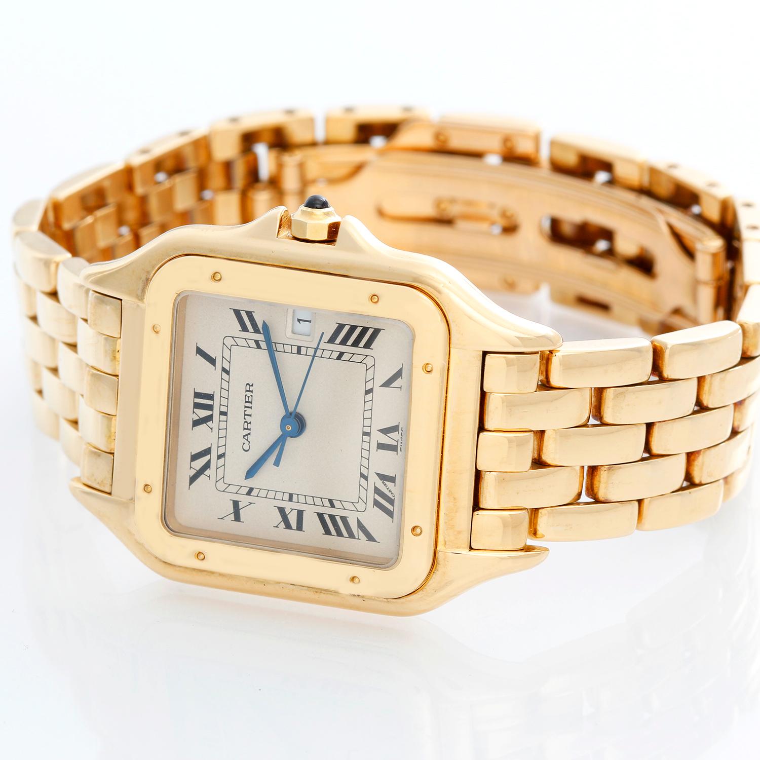 Cartier Panther 18k Yellow Gold Men's Quartz Watch with Date W25014B9 -  Quartz. 18k yellow gold case (27mm x 37mm). Ivory colored dial with black Roman numerals and date at 3 o'clock. 18k yellow gold Cartier Panther bracelet with deployant clasp.