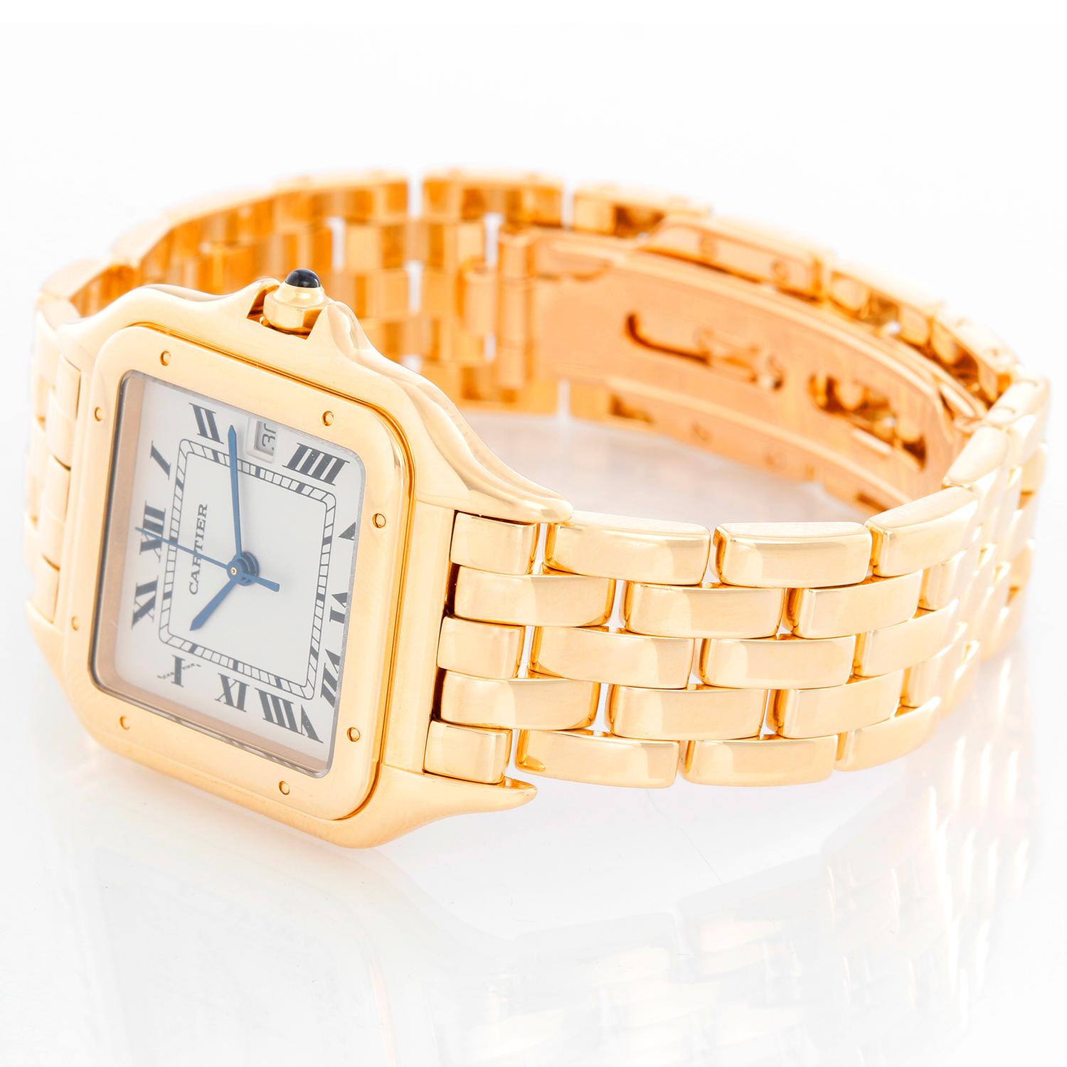 Cartier Panther 18k Yellow Gold Men's Quartz Watch with Date W25014B9 - Quartz. 18k yellow gold case (27mm x 37mm). Ivory colored dial with black Roman numerals and date at 3 o'clock. 18k yellow gold Cartier Panther bracelet with deployant clasp.