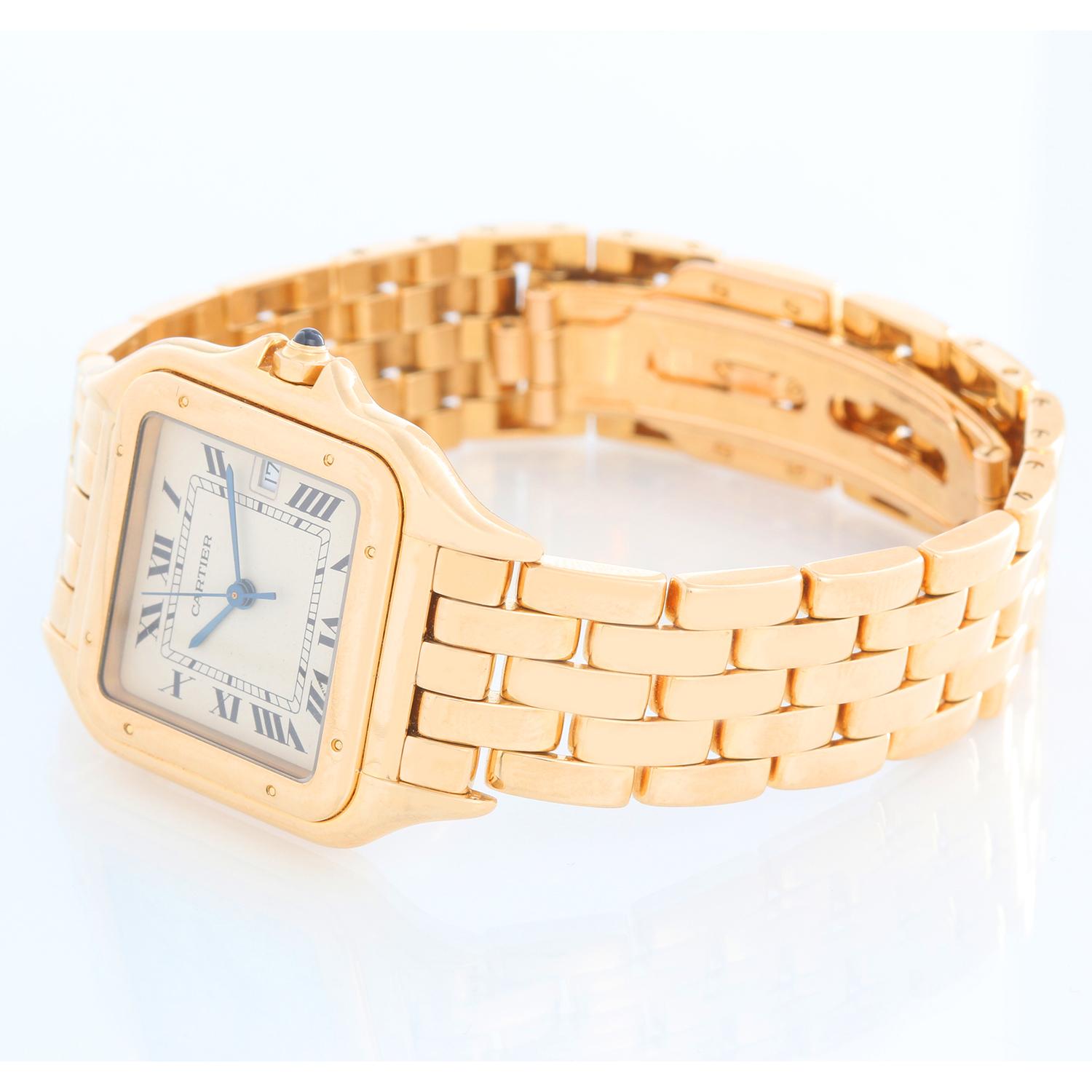 Cartier Panther 18k Yellow Gold Men's Quartz Watch with Date W25014B9 - Quartz. 18k yellow gold case (27mm x 37mm). Ivory colored dial with black Roman numerals and date at 3 o'clock. 18k yellow gold Cartier Panther bracelet with deployant clasp.