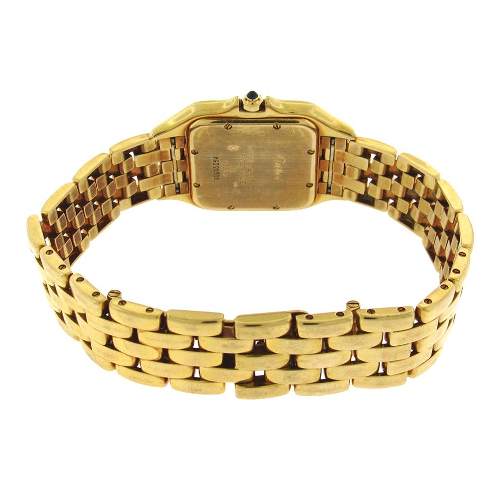 18K yellow gold Cartier Panther, circa 2000, is a large square, water-resistant, 18K yellow gold wristwatch with an integrated 18K yellow gold Cartier link 'Figaro' bracelet with double deployant clasp. The 27mm case has a case back with 8 screws,