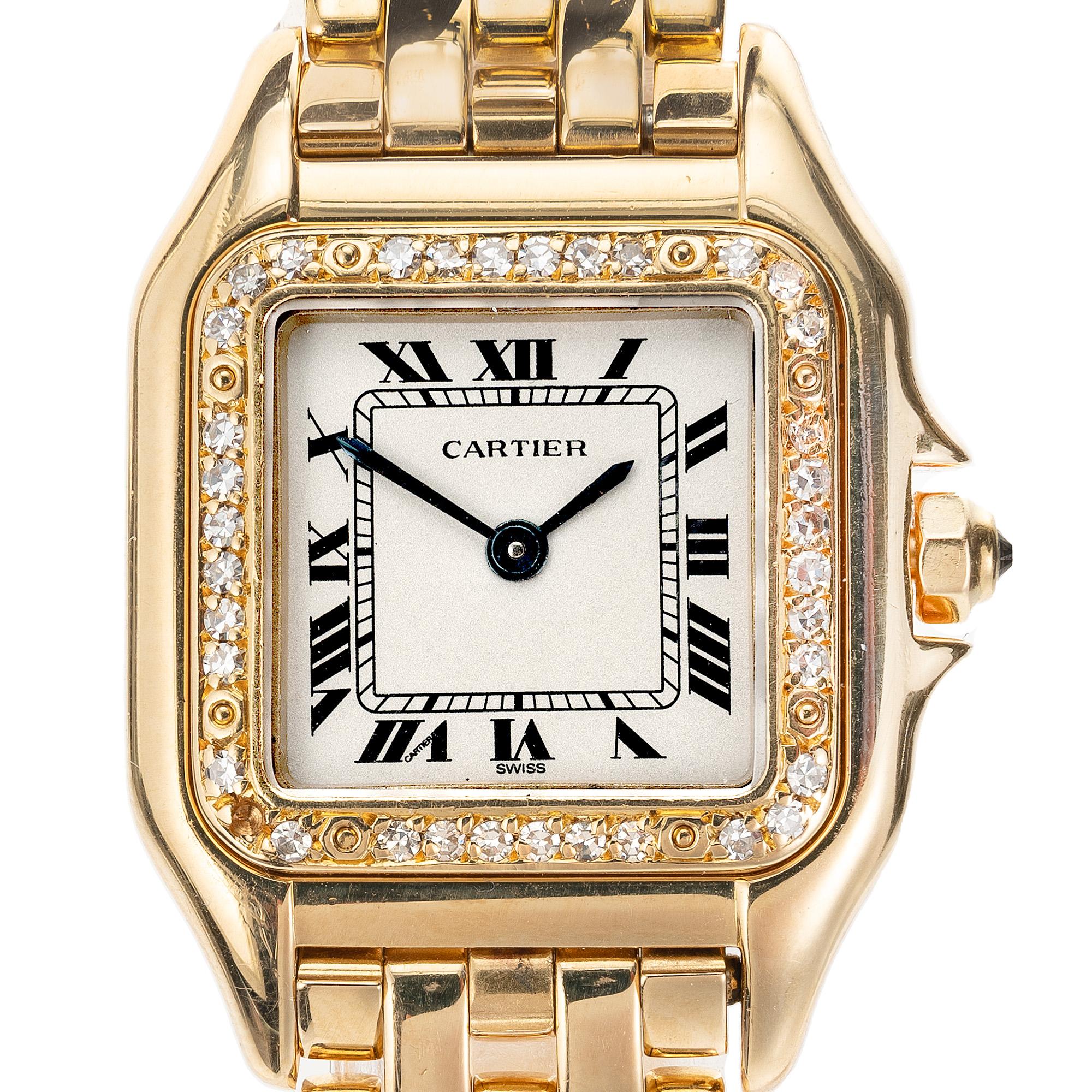 Experience timeless elegance with the Cartier Panther diamond bezel wristwatch. This master piece has a silver Roman numeral dial which is framed by a halo of round diamonds. The case diameter is 22mm with a length from top to bottom of 30mm.