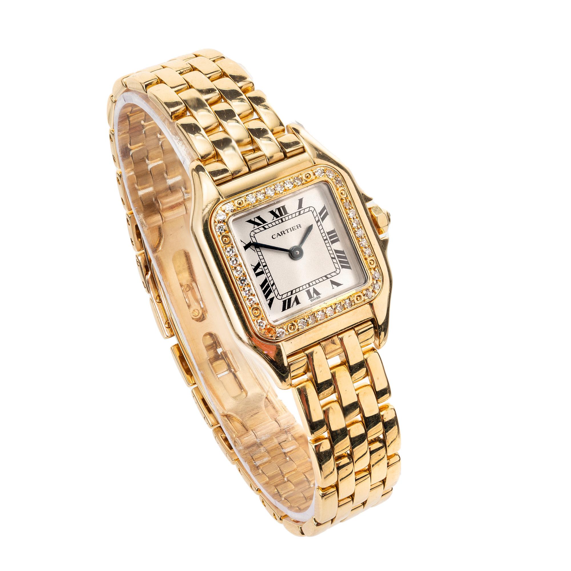 Round Cut Cartier Panther Diamond Bezel Silver Dial 18k Yellow Gold Wristwatch