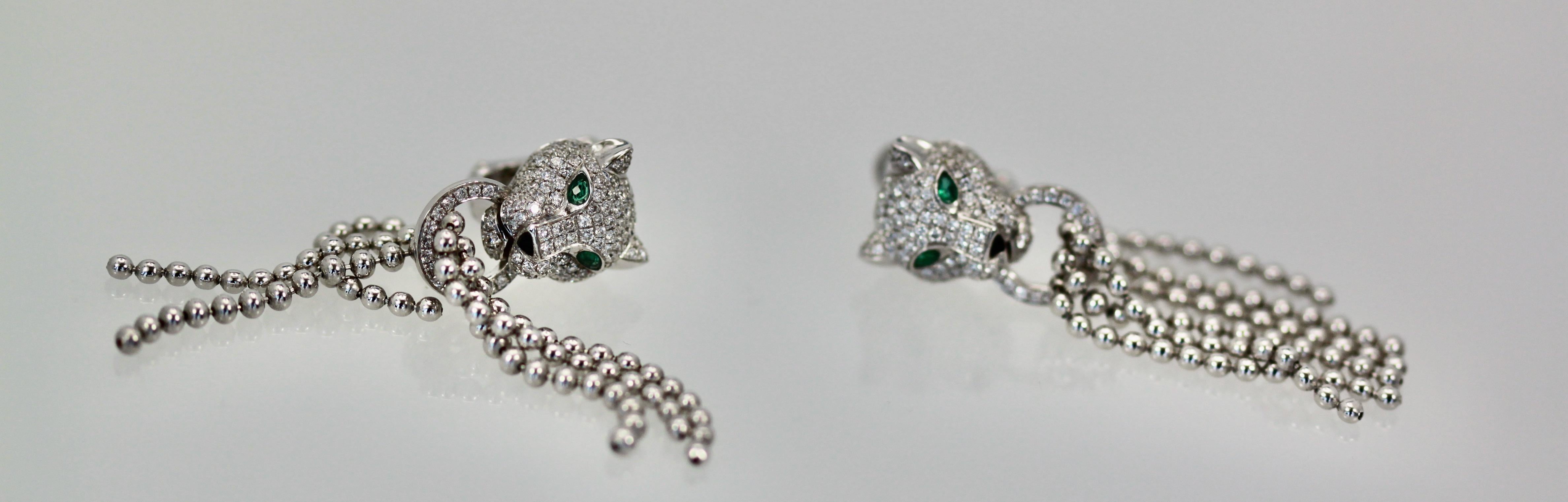 Round Cut Cartier Panther Diamond Earrings with Tassels