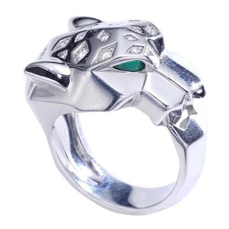 Cartier Panther Diamond Emerald Onyx White Gold Ring