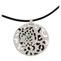 Cartier Panther Diamond Emerald Openwork Disc Pendant Black Cord Necklace