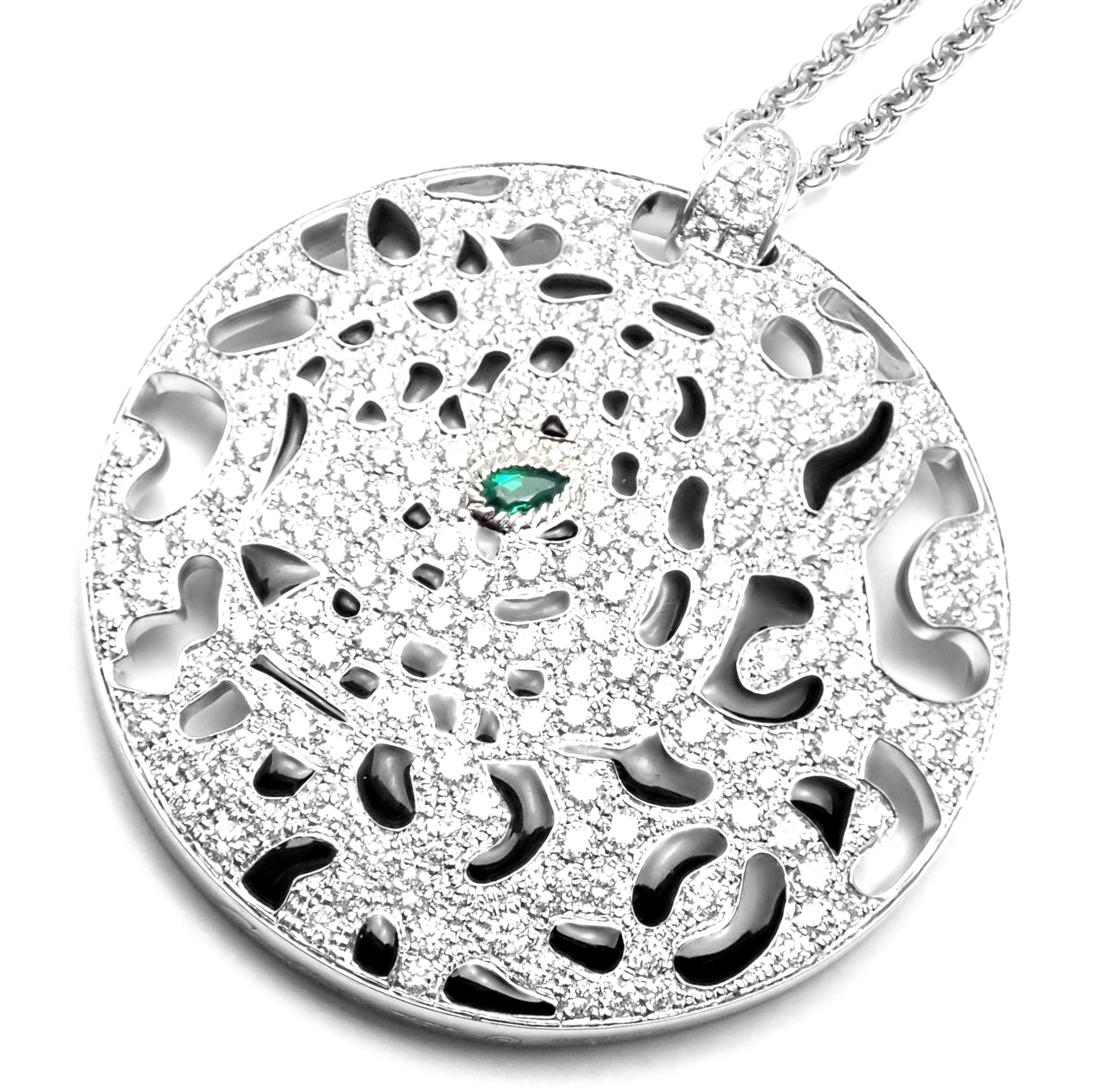 Women's or Men's Cartier Panther Diamond Emerald White Gold Pendant Necklace