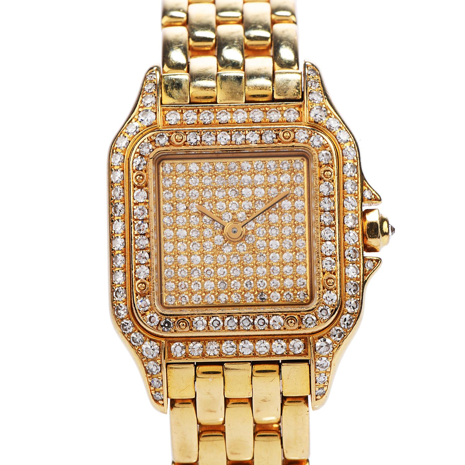 Cartier Panther Diamond 18K Gold Designer Ladies Watch

This Cartier Panther Diamond 18K Gold Ladies watch is a dazzling example of Radiance with an approximate total weight of 65.1 grams.

Crafted in pure 18K Yellow Gold with Cartier Quartz