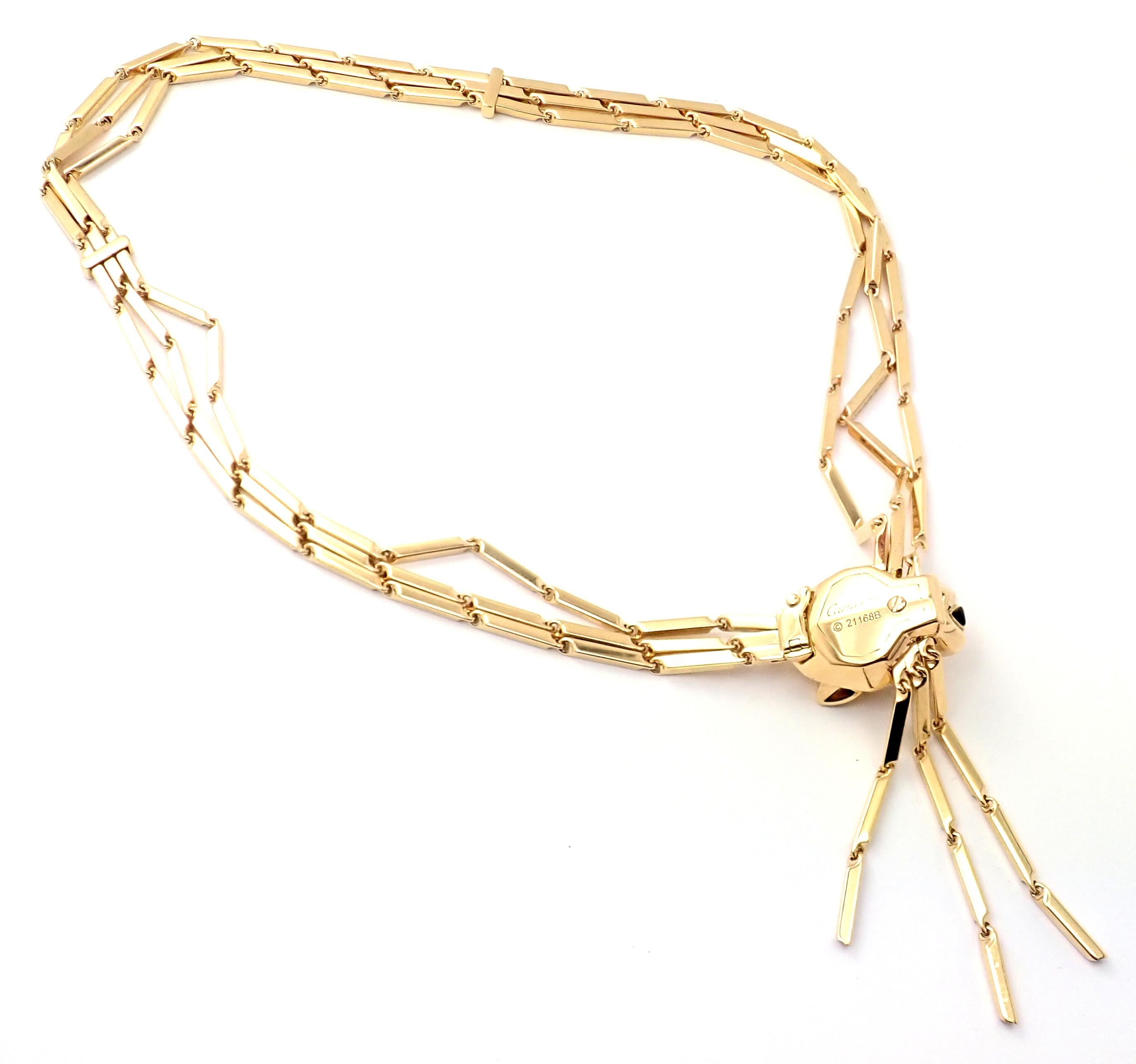 Brilliant Cut Cartier Panther Diamond Peridot Onyx Lacquer Tassel Yellow Gold Necklace For Sale