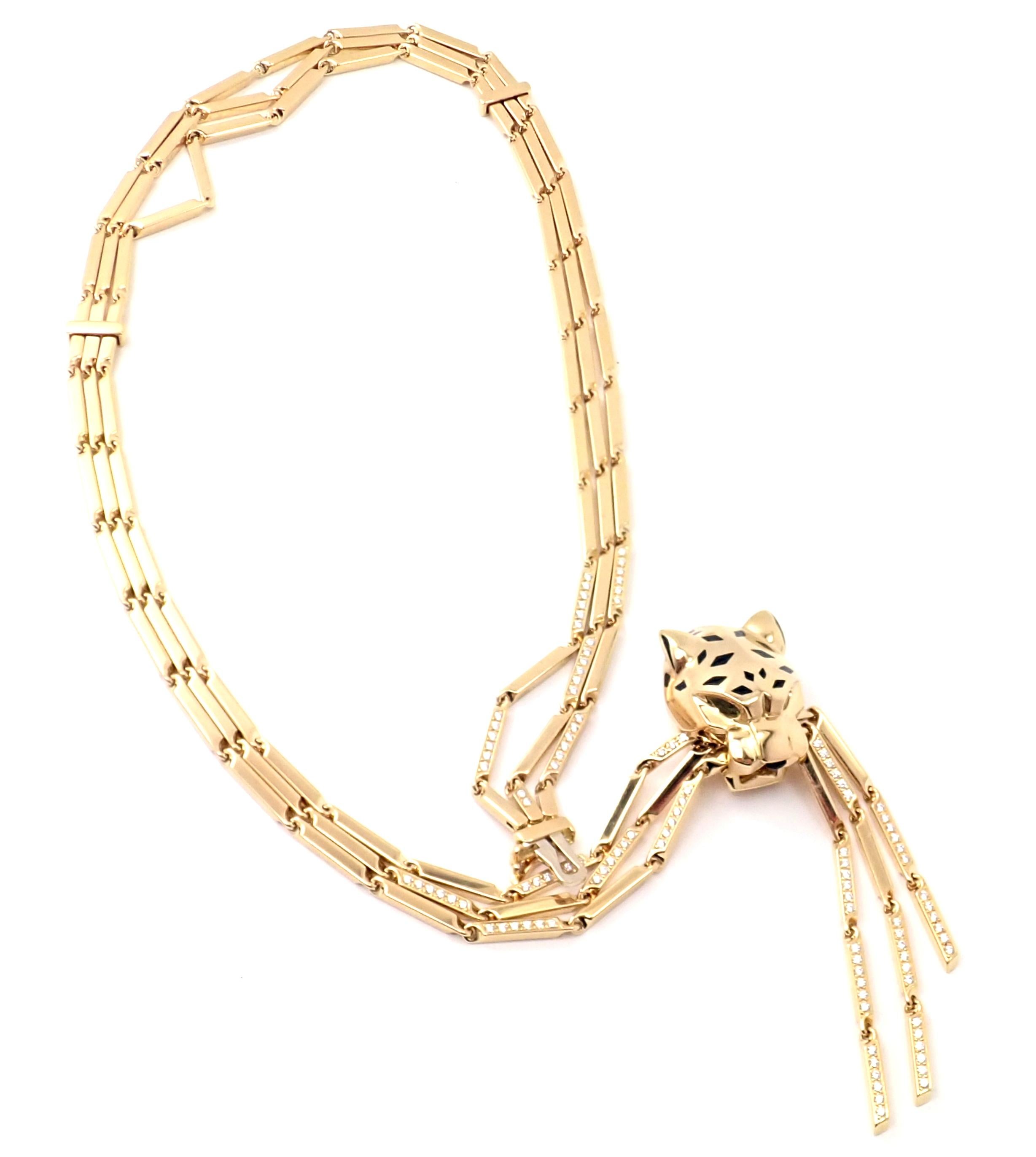 Cartier Panther Diamond Peridot Onyx Lacquer Tassel Yellow Gold Necklace For Sale 1