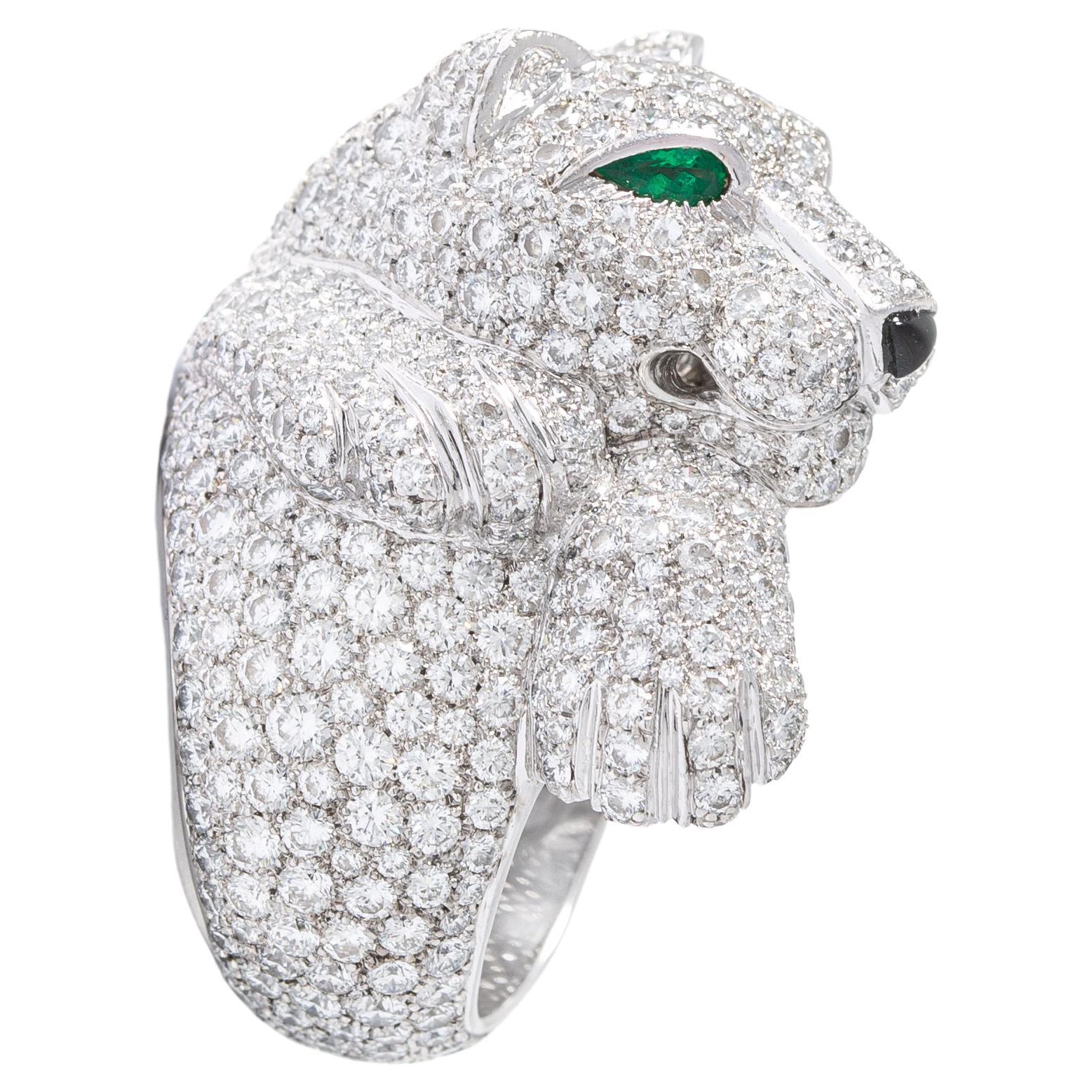 Cartier Panthere Panther Pave Diamond Emerald White Gold Ring