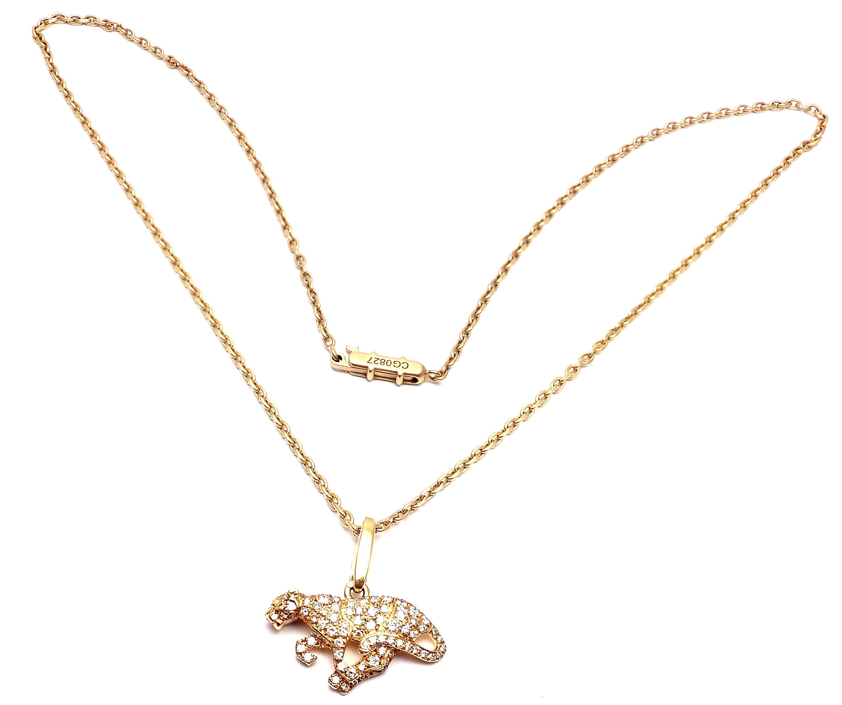 18k Yellow Gold Panther Diamond Pendant Necklace by Cartier. Part of the Panthere Collection. 
With Round brilliant cut diamonds
 VVS1 clarity, E color total weight approx. .50ct
Details: 
Weight: 10.3 grams
Length: 17