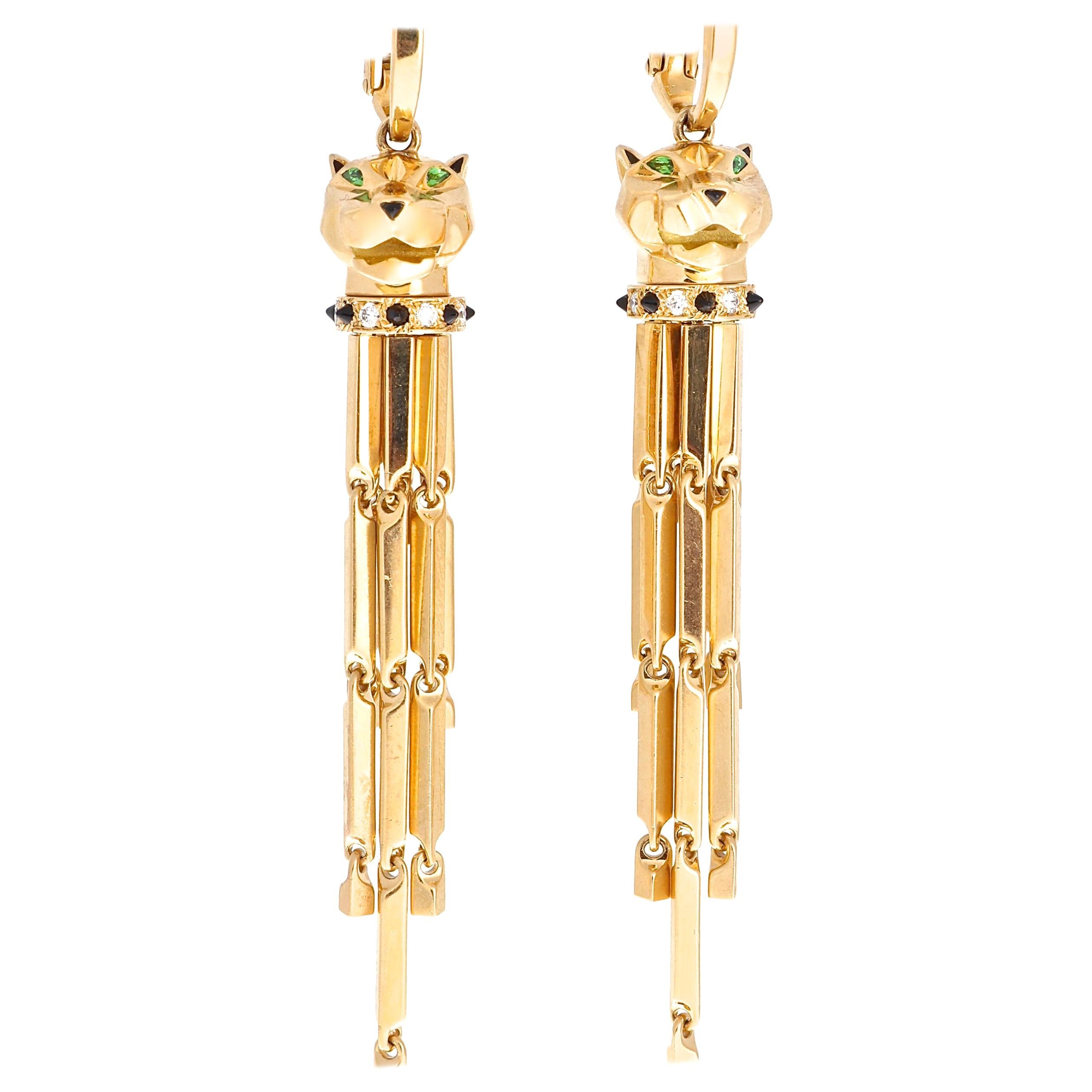 Cartier Panthere Yellow Gold Diamond Dangle Earrings at 1stDibs