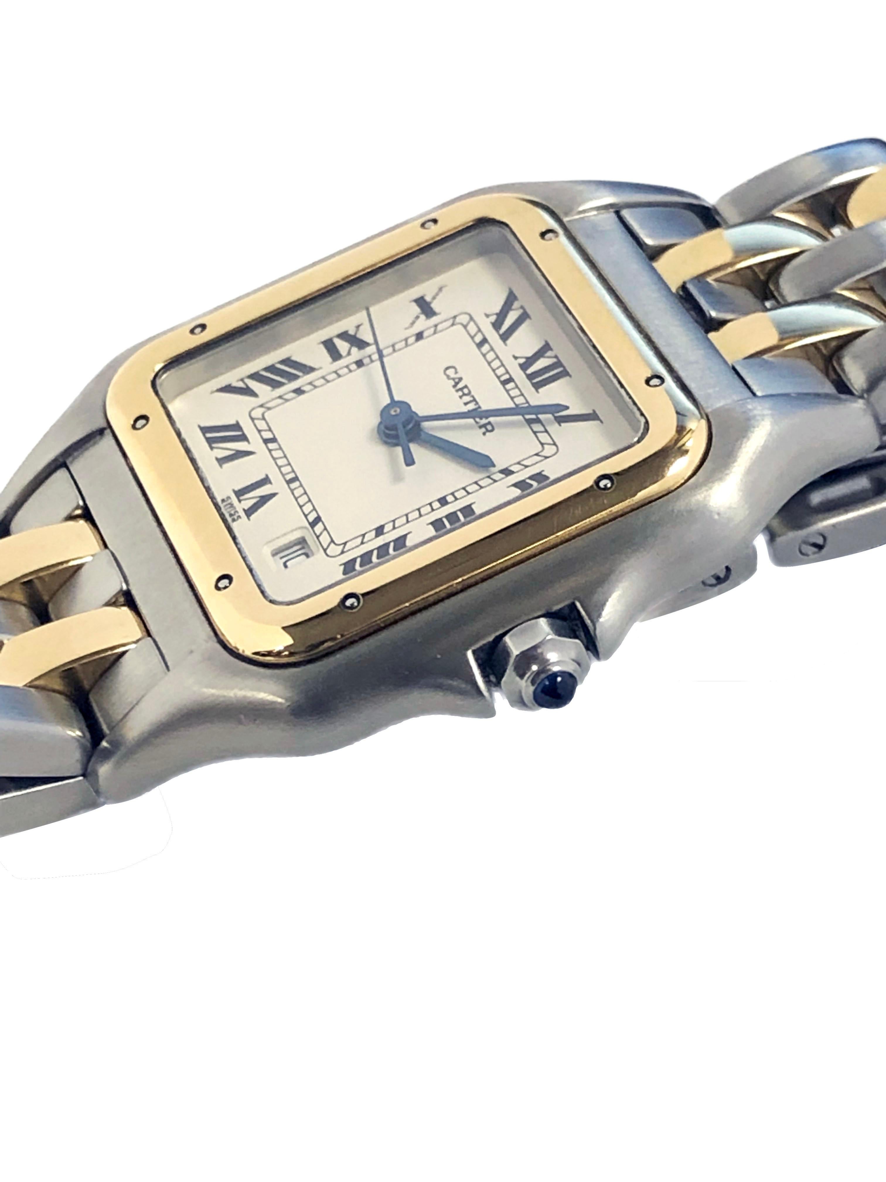 Circa 2000 Cartier Panther Collection Wrist Watch, 27 X 26 M.M. Stainless Steel 2 Piece Water Resistant Case with 18K Yellow Gold Bezel, Quartz Movement, White Dial with Black Roman Numerals, Sweep seconds hand and a Calendar window at the 5