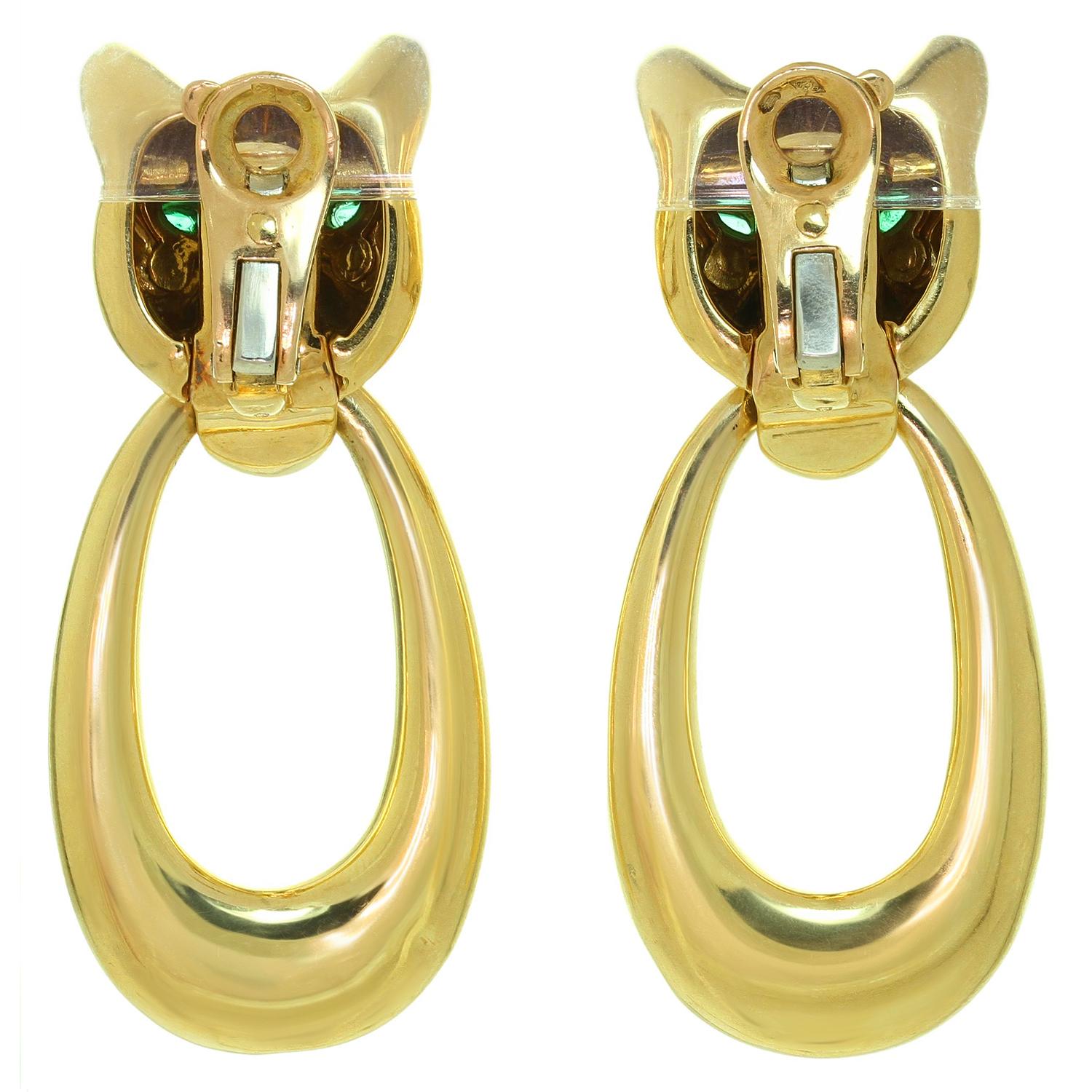Cartier Panther Head Door Knocker Emerald Enamel Yellow Gold Clip-On Earrings In Excellent Condition In New York, NY