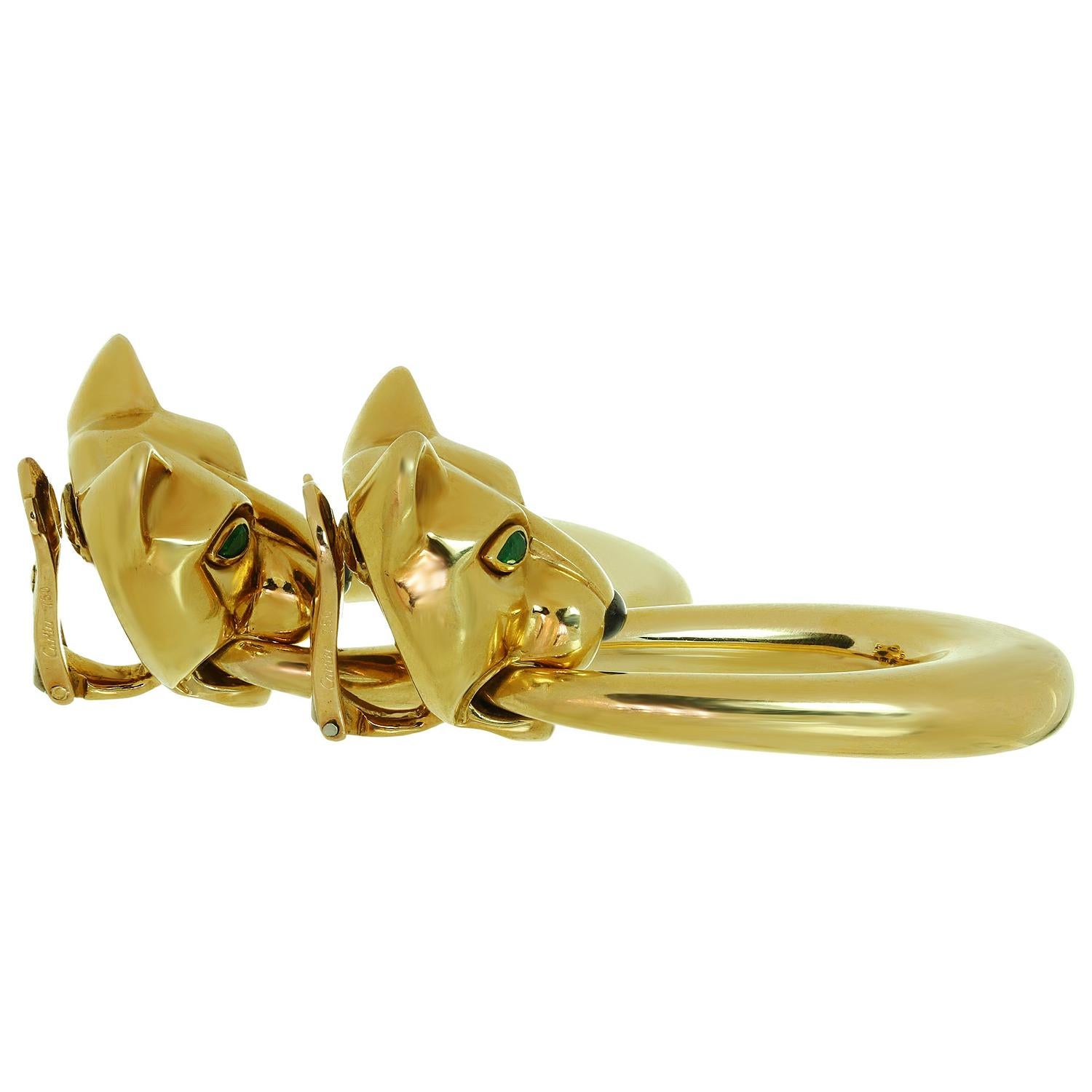 Women's Cartier Panther Head Door Knocker Emerald Enamel Yellow Gold Clip-On Earrings