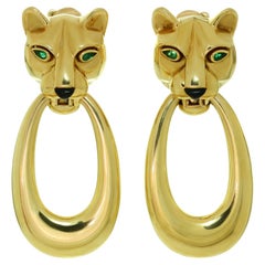 Cartier Panther Head Door Knocker Emerald Enamel Yellow Gold Clip-On Earrings
