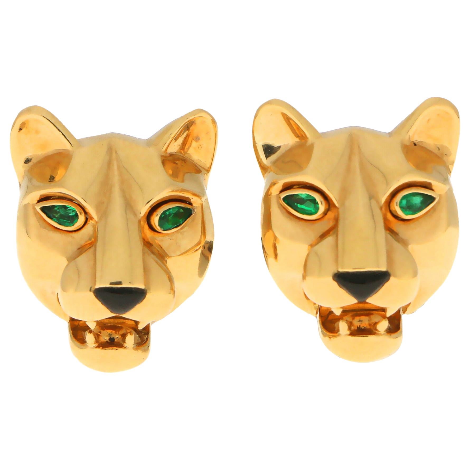 Cartier Panther Head Emerald and Onyx Earrings Set in 18 Karat Yellow Gold