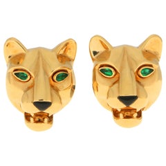 Cartier Panther Head Emerald and Onyx Earrings Set in 18 Karat Yellow Gold