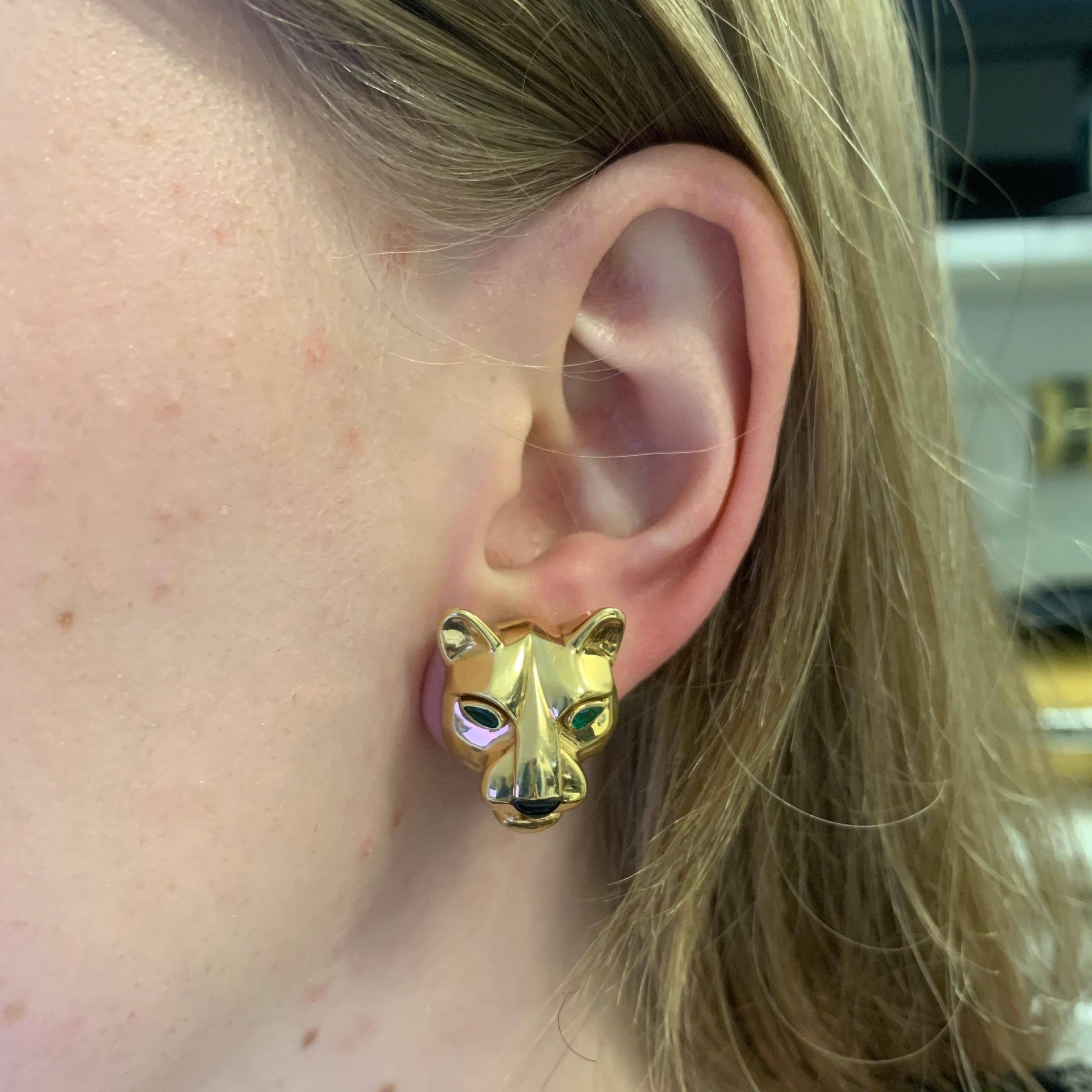 Pear Cut Cartier Panther Head Emerald and Onyx Earrings Set in 18 Karat Yellow Gold
