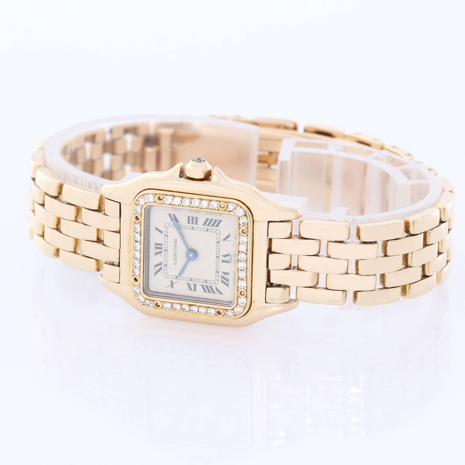 Cartier Panther Ladies 18k Yellow Gold Diamond Watch -  Quartz. 18k yellow gold case with custom/aftermarket diamond bezel ( 22 mm ). Ivory colored dial with black Roman numerals. 18k yellow gold Panther bracelet. Pre-owned with box.